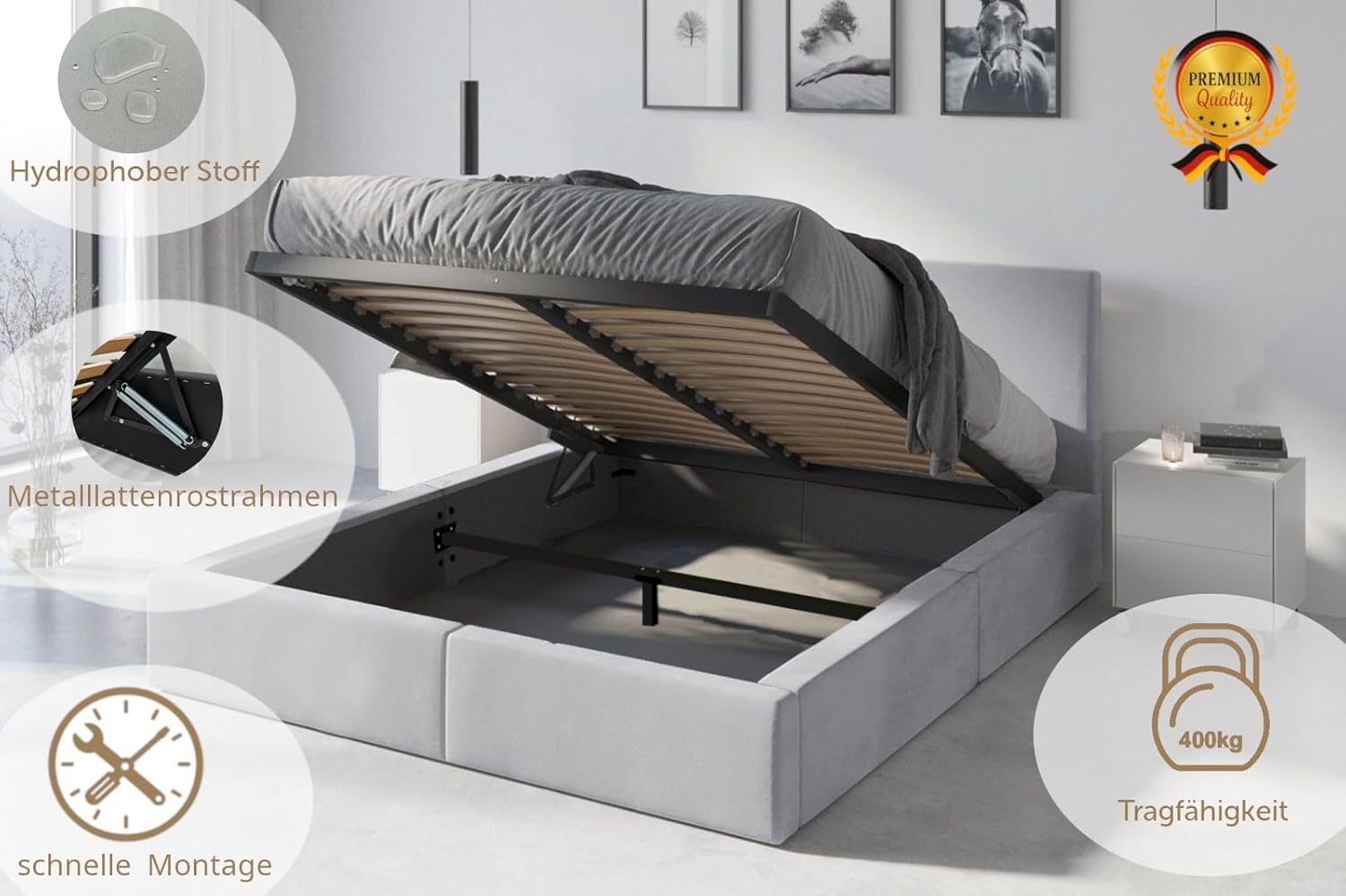 Interbeds Polsterbett 140x200 cm Bett Doppelbett mit Stauraum mit Lattenrost Bettkasten Boxspringbett hydrophob gepolsterter Bettrahmen (Hellgrau, 140x200cm)