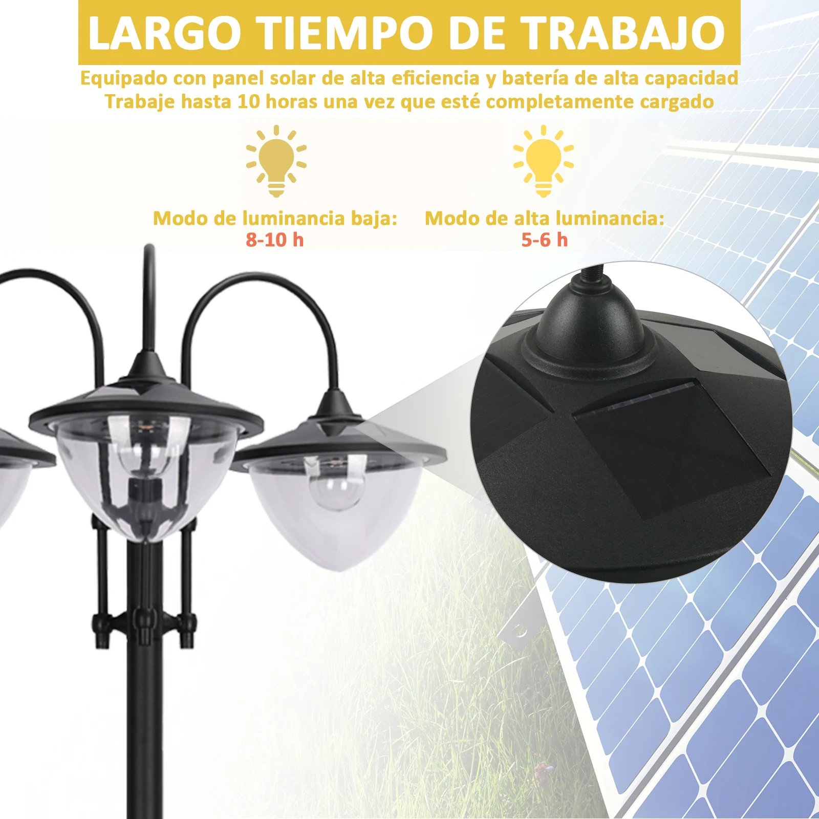Luminária solar de jardim Outsunny com 18 LEDs brancos frios de 6000K, à prova d'água IP44, sensor noturno e base para vaso de flores, luminária externa para caminhos, terraços e pátios, 60x55x189 cm, preta.