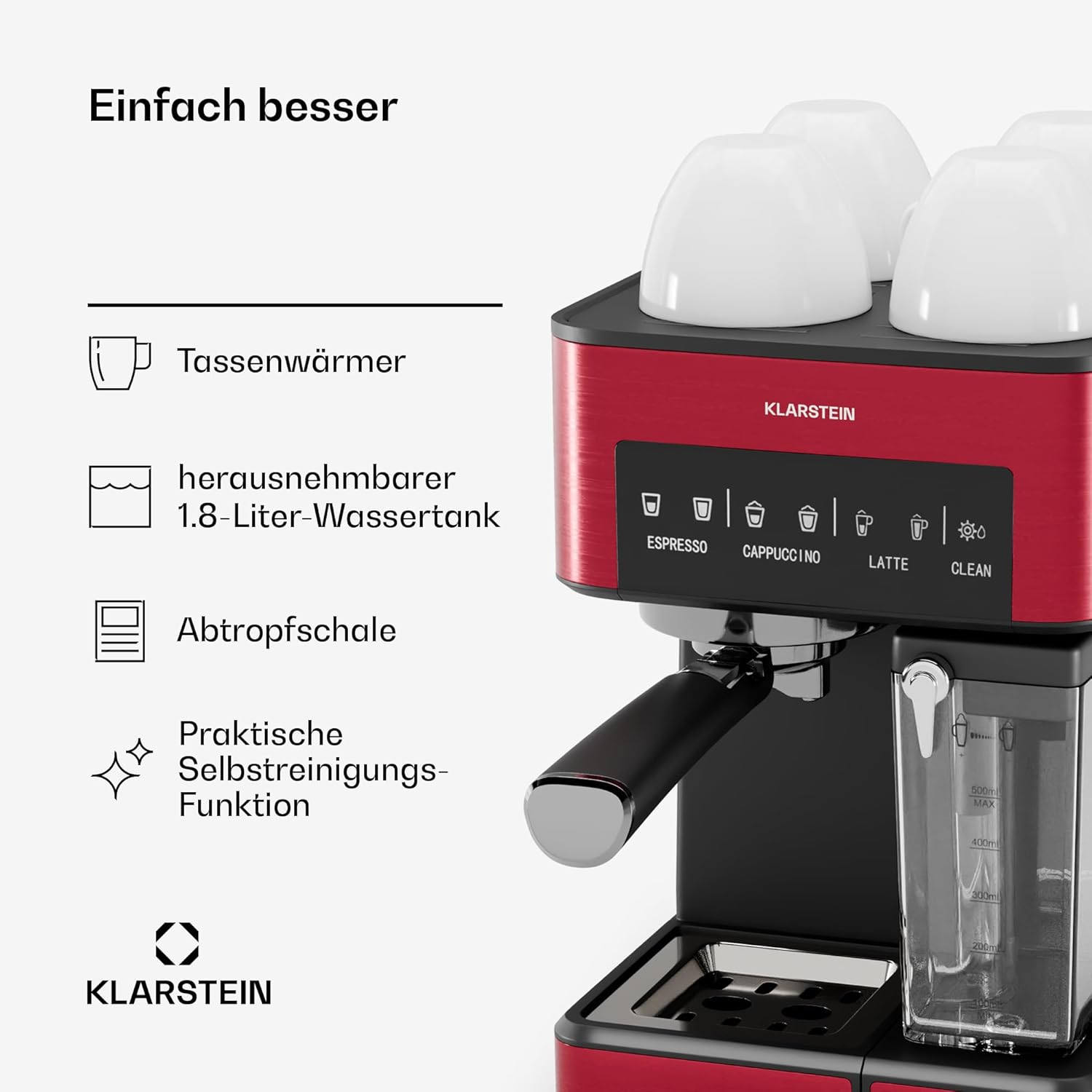 Klarstein Arabica Comfort Siebträgermaschine – 20-Bar, 1350W, Mit Milchaufschäumer, Für Gemahlenen Kaffee & Pads, 1,8L Wassertank, Touch-Bedienfeld, Abnehmbarer Milchtank, Aufschäumdüse aus Edelstahl