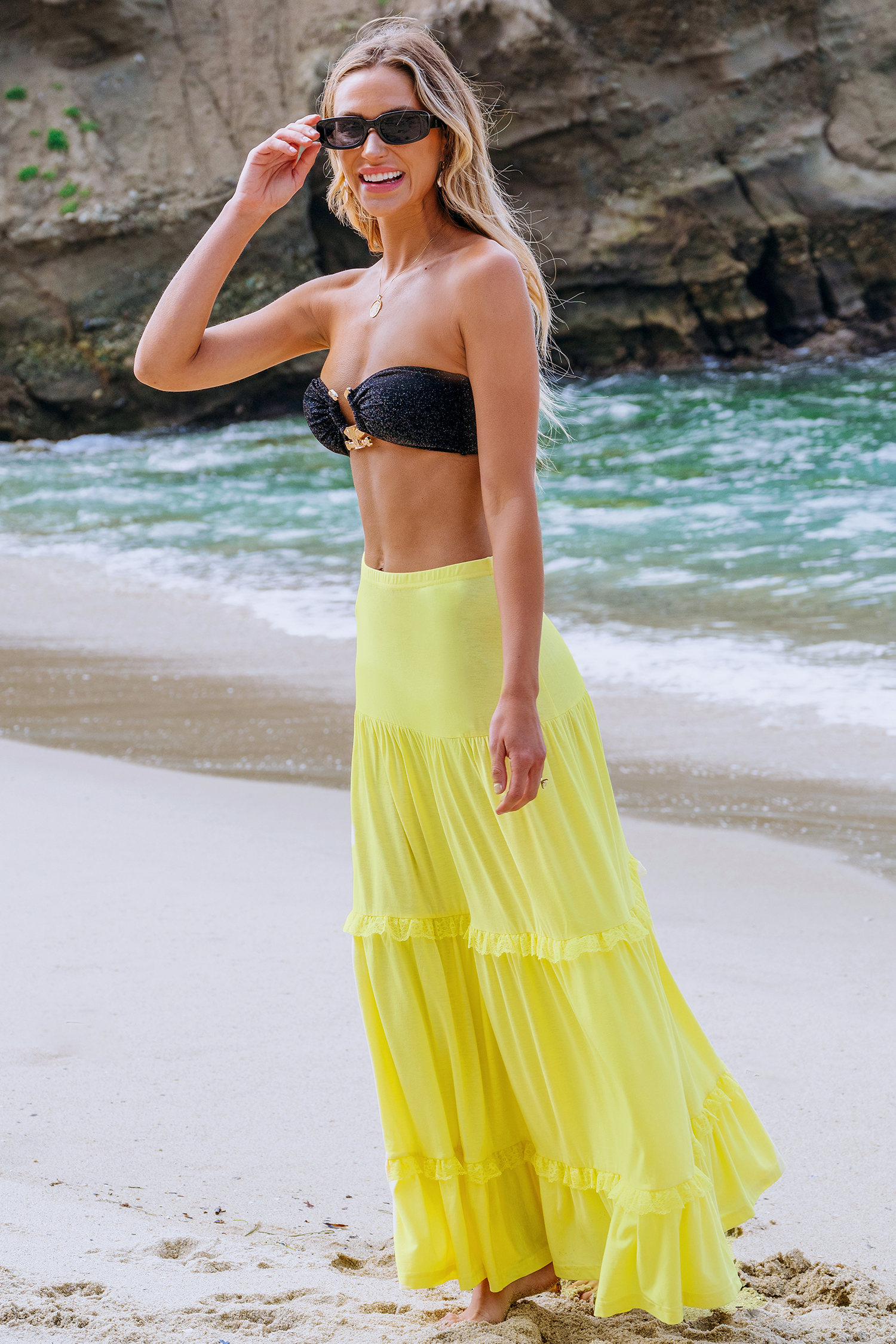Jupe maxi en dentelle à volants jaune
