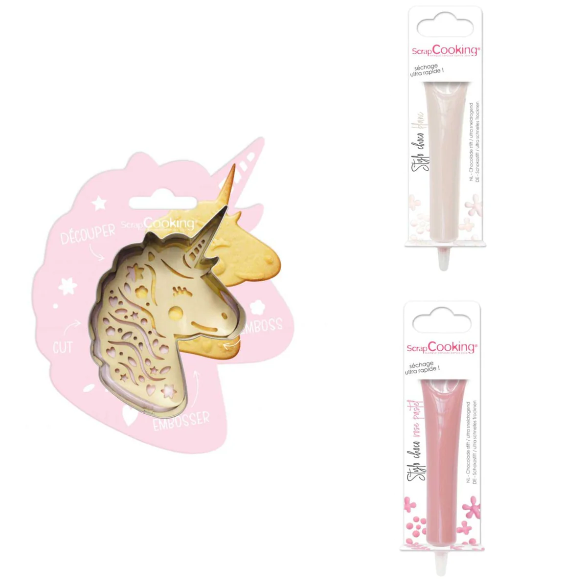 Kit pour biscuit en relief Licorne + 2 Stylos au chocolat blanc et ros