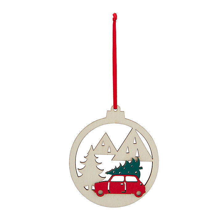Boule de noël en bois sapin et voiture diamètre 9cm