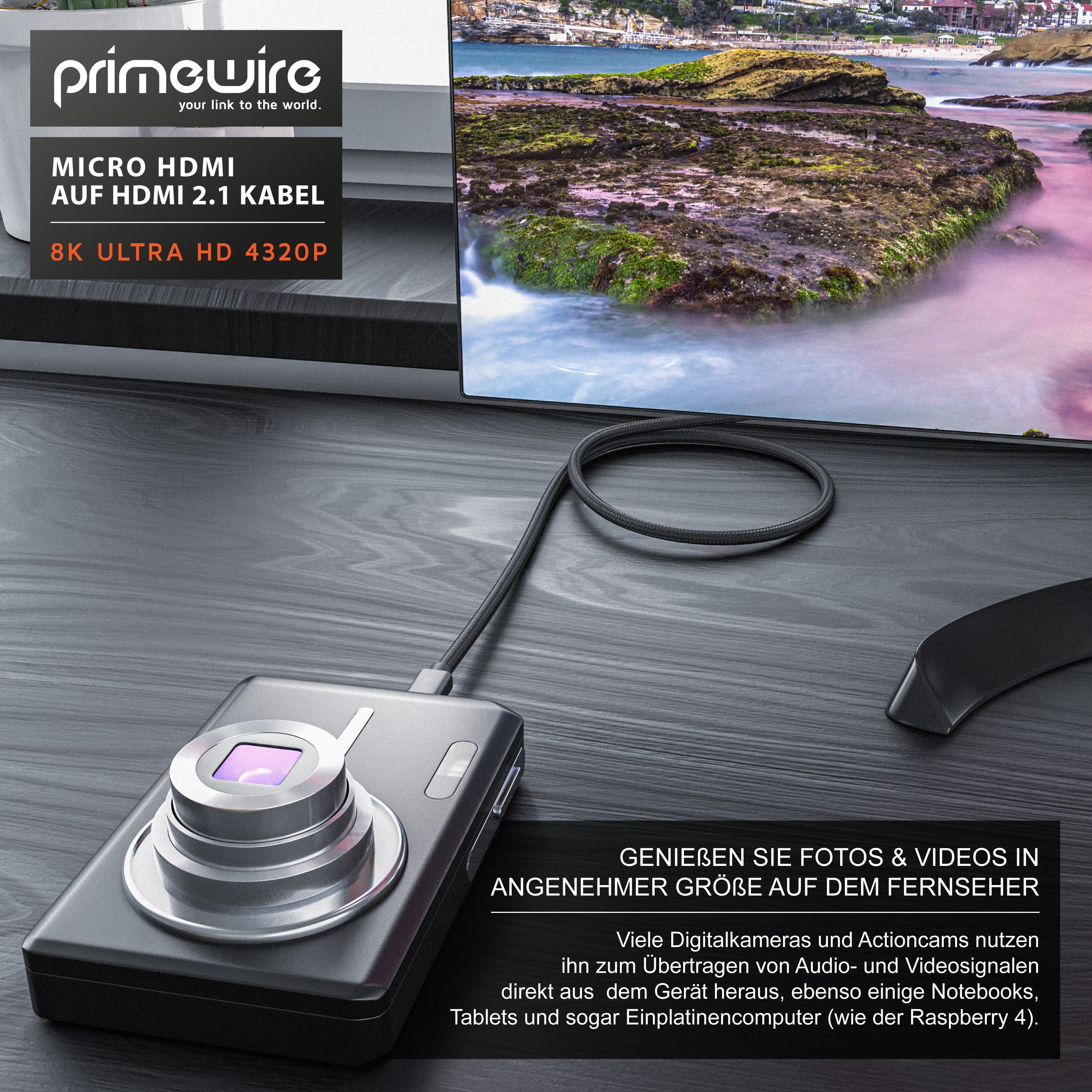 Primewire 8K HDMI 2.1 auf Micro HDMI Adapterkabel, 7680 x 4320 @ 120 Hz mit DSC - 1m