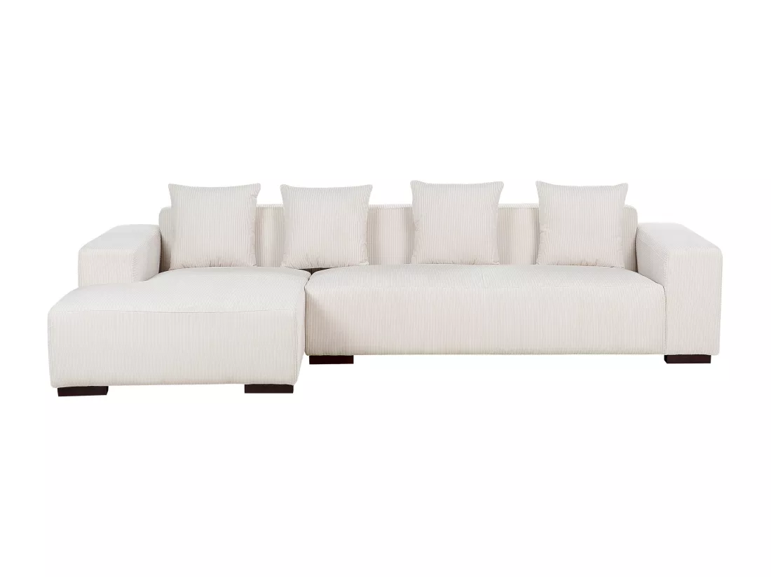 Canapé Angle à gauche 4 Places en Velours Côtelé Blanc Cassé avec 4 Coussins Supplémentaires Lungo