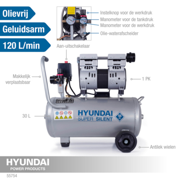 Hyundai stille compressor 30L 8 bar