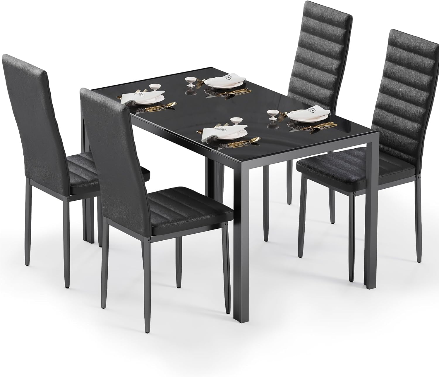 Bealife Esstisch mit 4 Stühlen Set, Esstisch und Stühle für 4 Personen, Esszimmer 6 Stühle und Tisch, Set mit Esstisch und Stühlen für Küche, Esszimmer und Wohnzimmer (Schwarz, 4stühle)