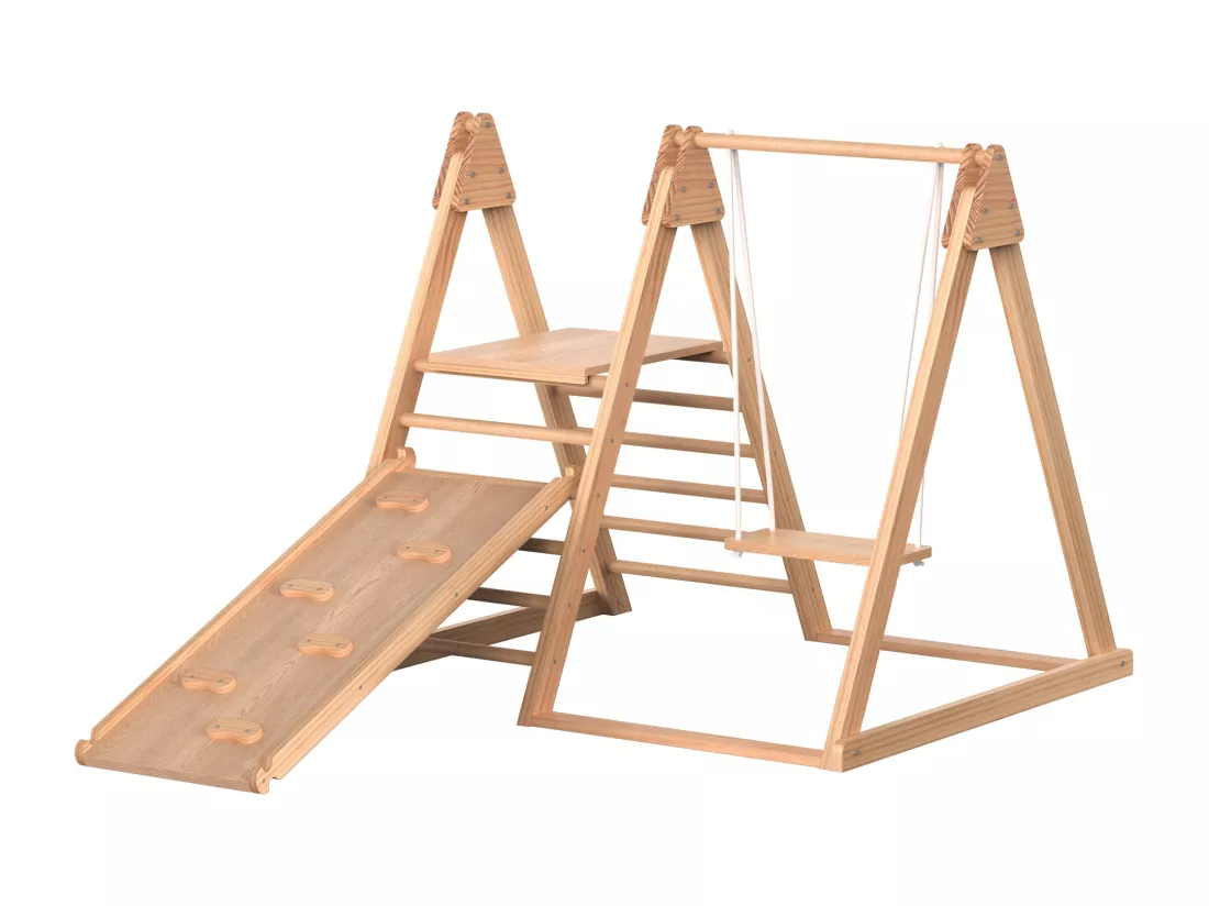 Toboggan et balançoire pour enfants, jouets en bois pour enfants. Fabriqué en pin massif, contreplaqué. Jouet pour enfants 3 en 1 avec structure d'escalade, balançoire, toboggan, jouet combiné pour l'intérieur