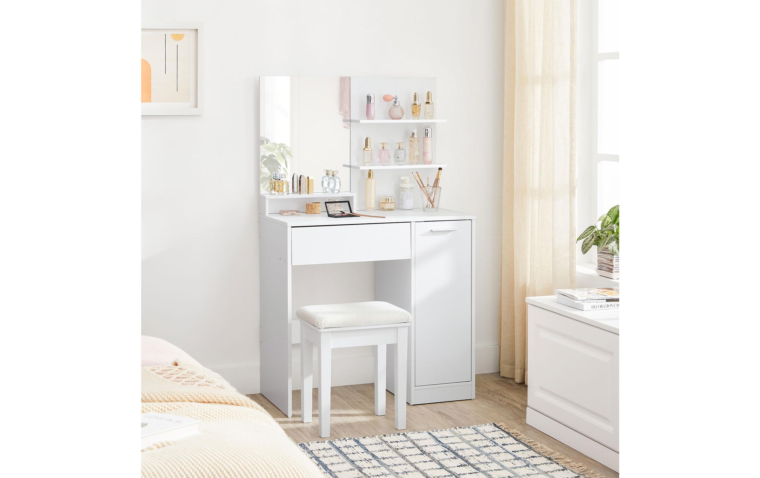 Schminktisch 80 x 40 x 132 cm, Weiss<br>Schminktisch mit Ablagen, Schublade und Spiegel