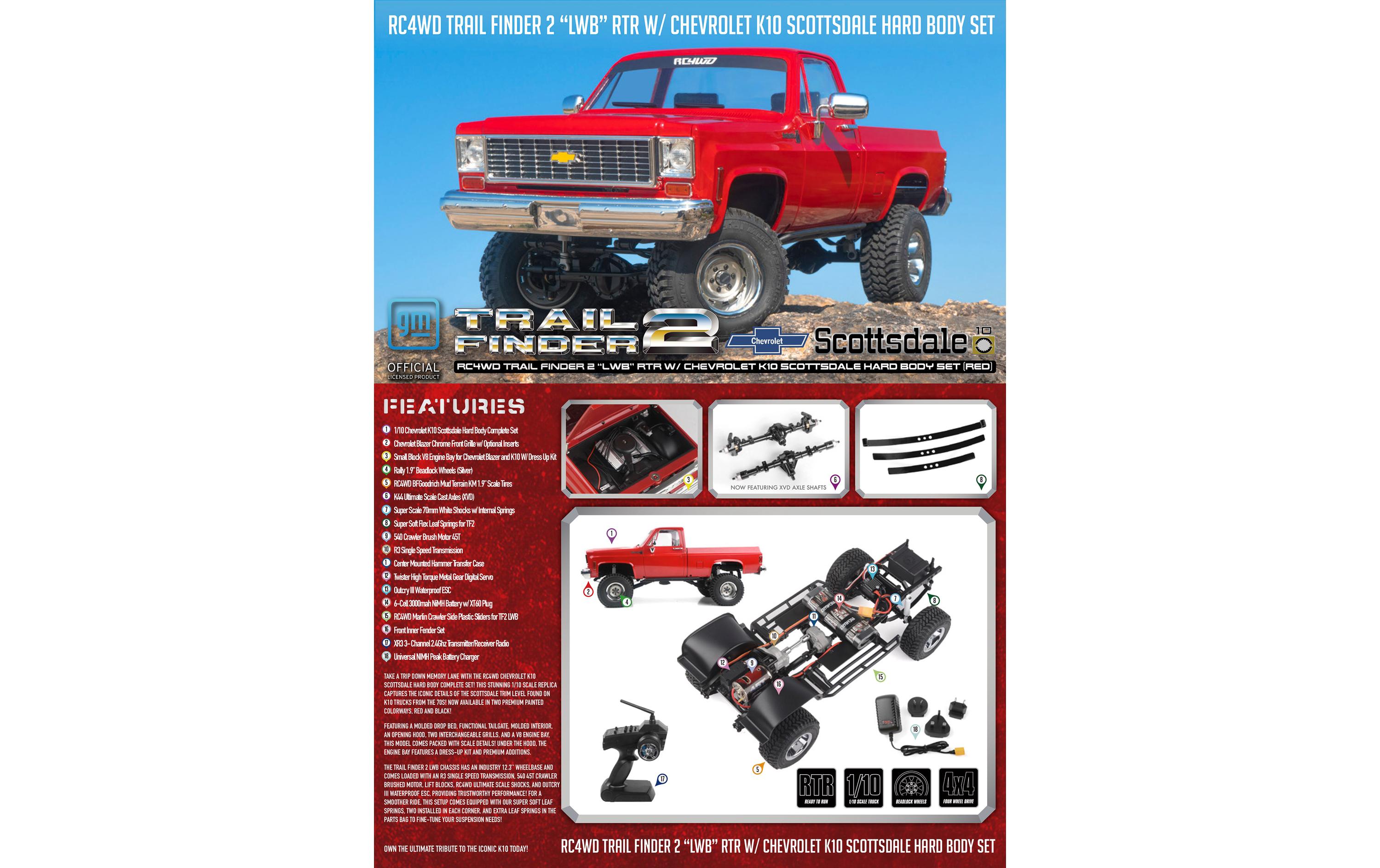 Scale Crawler Trail Finder 2 LWB Chevy K10 Rot, RTR, 1:10<br>Scale Chevrolet K10 Scottsdale Pick-up Off-Road Modell
