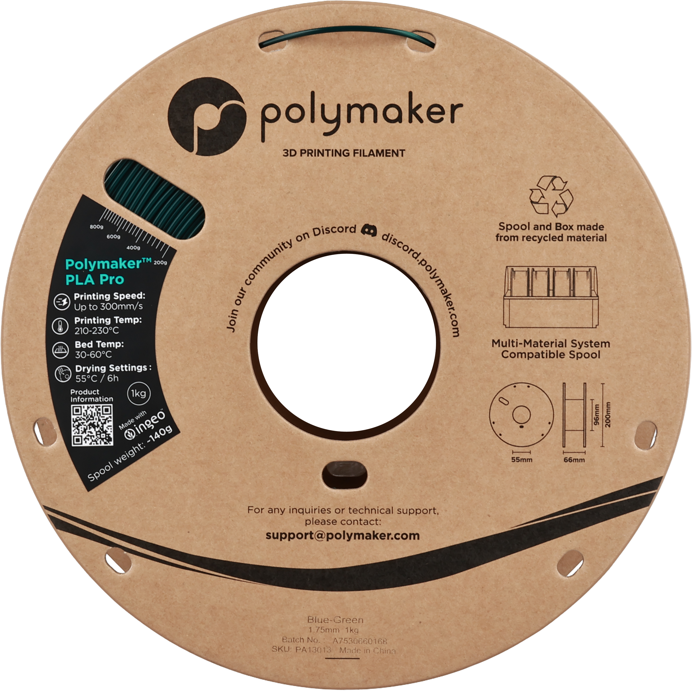 Polymaker  PLA Pro Blue-Green, 1,75 mm / 1000 g    Neue, verbesserte Formulierung: Hochleistungs-High Speed-PLA in Blue-Green