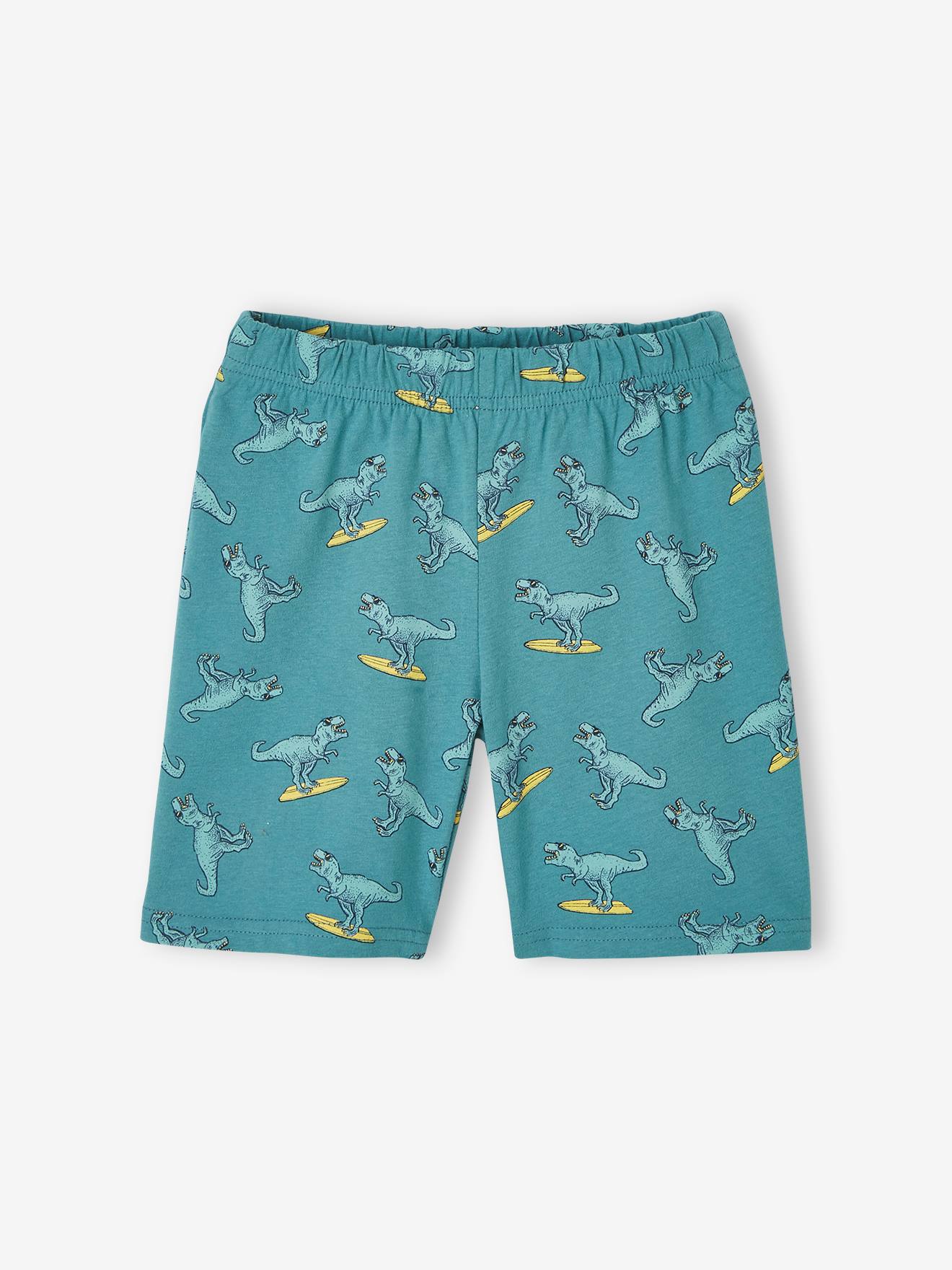 Pijama infantil masculino com estampa de dinossauro surfista e shorts - Azul-petróleo