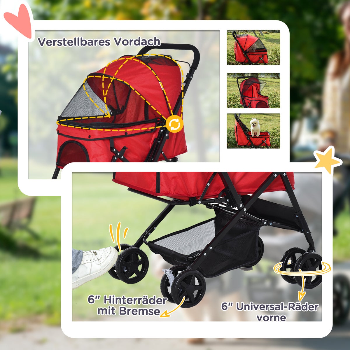 PawHut hondenbuggy, 76,5 L x 52 B x 95 H cm, staal, Oxford-stof, rood