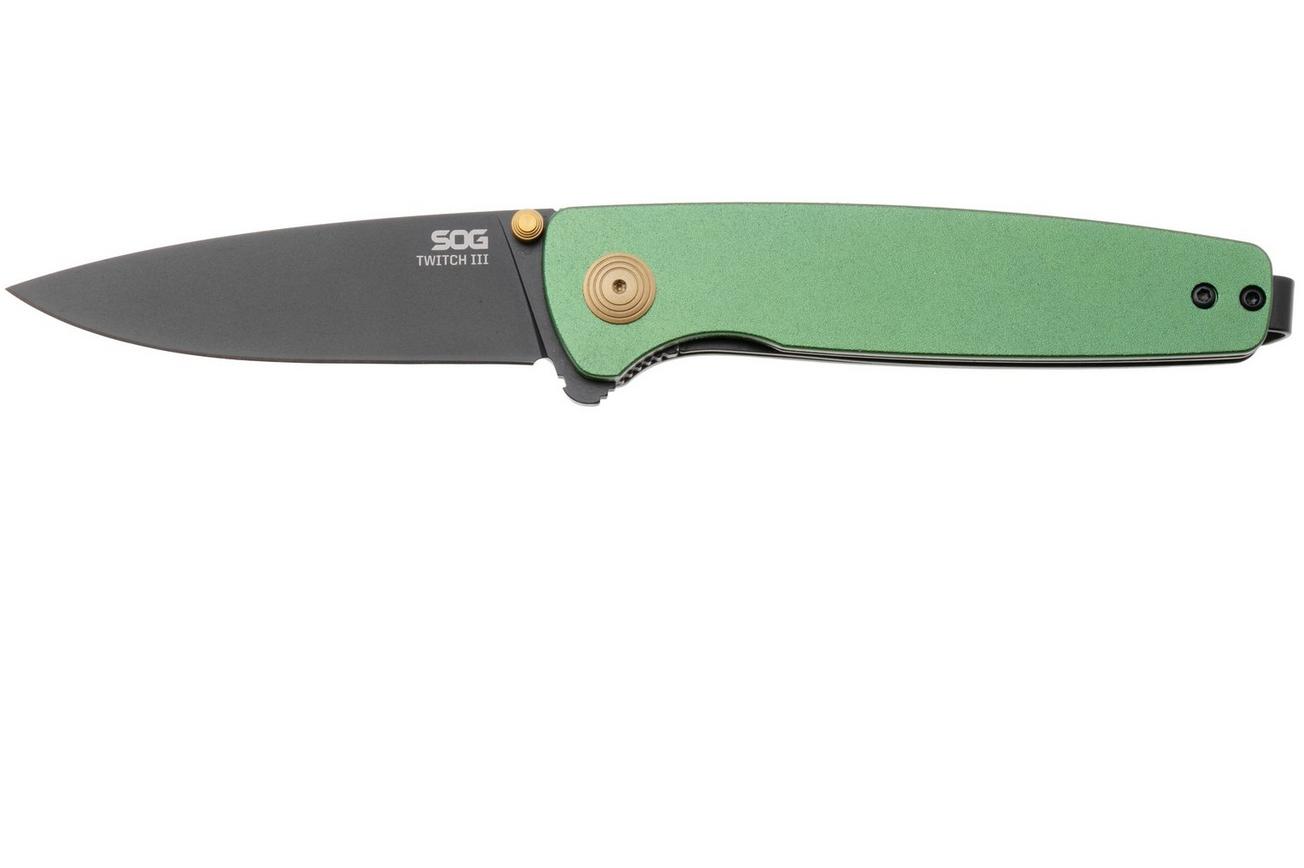 SOG Twitch III 11-15-04-43, Black 154CM, Forest Green Aluminum, Gold Hardware zakmes