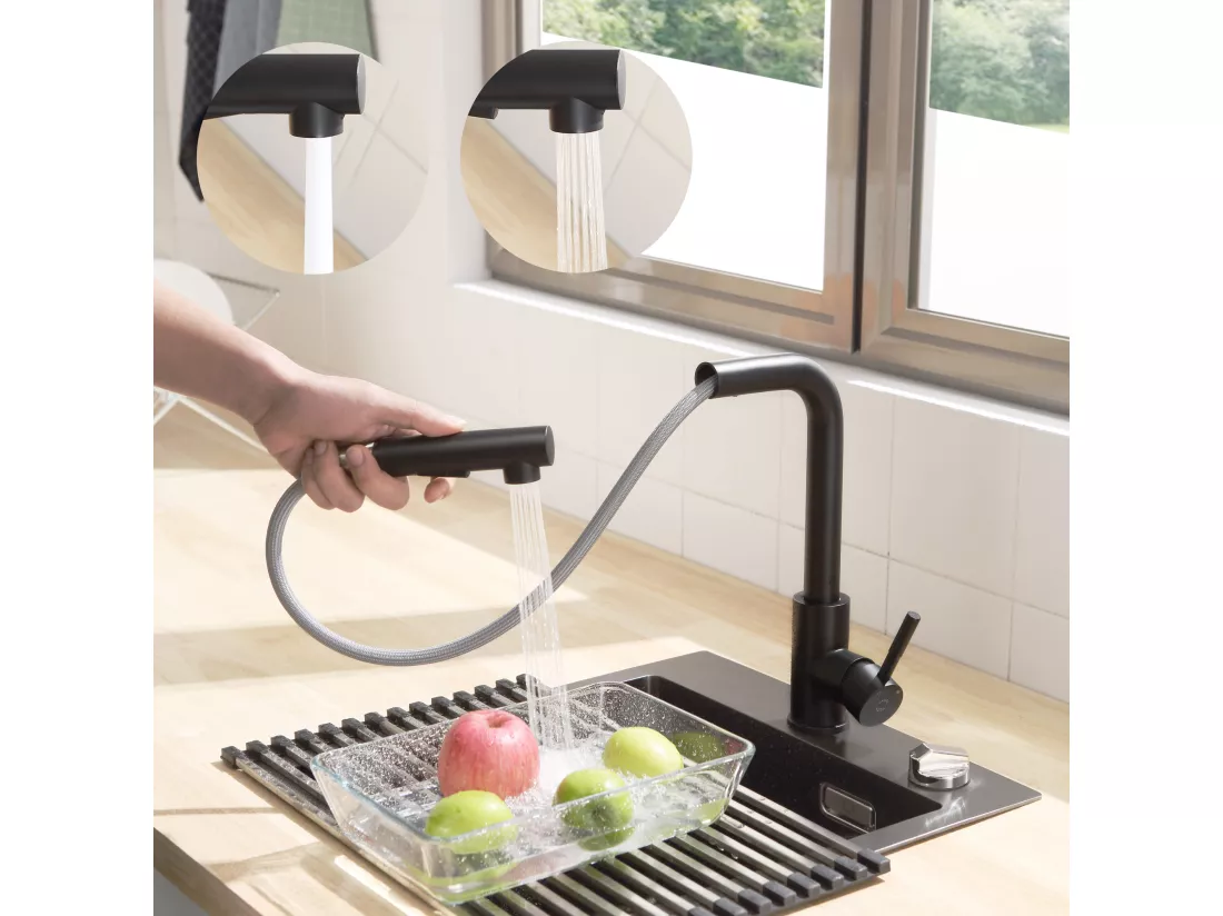 Cecipa max Évier Cuisine 1 Bac 70×44×21CM Évier à Encastrer Inox Brossé avec Egouttoir et Vasque + Mitigeur Cuisine avec Douchette Extractible Noir