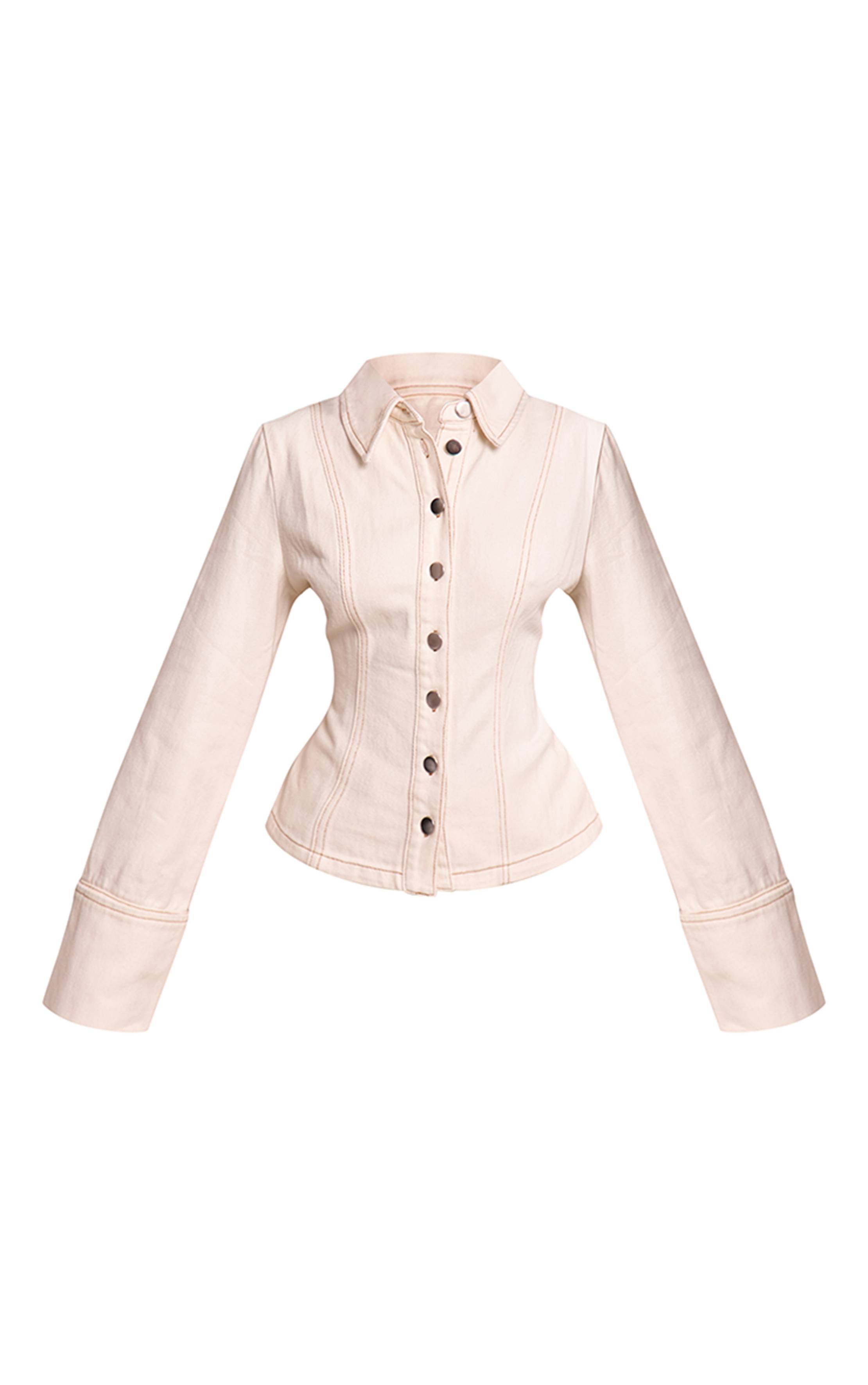 Ecru Chemise En Jean Ajustée À Manches Longues Effet Délavé Vintage Petite