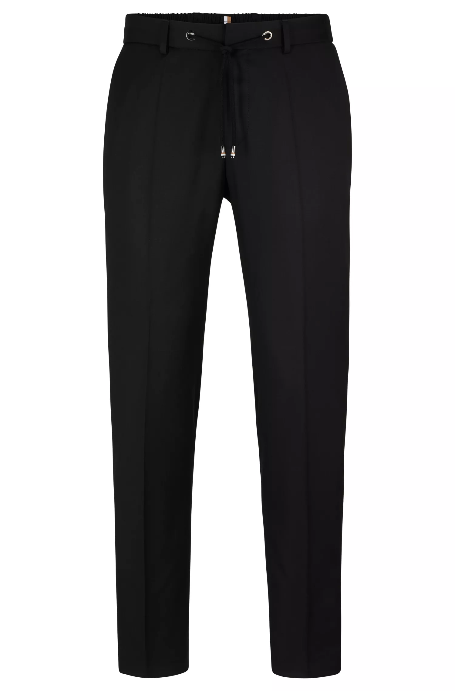 Calça BOSS preta, corte slim, em lã virgem, com cintura ajustável por cordão.
