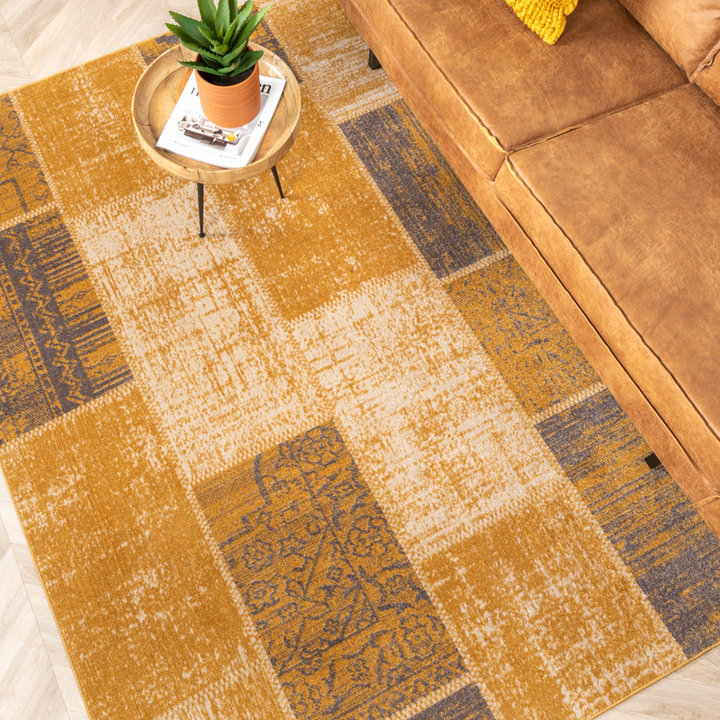Patchwork vloerkleed - Spring Okergeel/Taupe | Warm