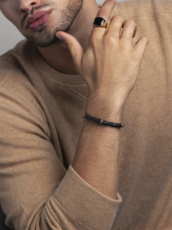 Nialaya Men's Hexagon Beaded Bracelet with Black Onyx and Gold Black