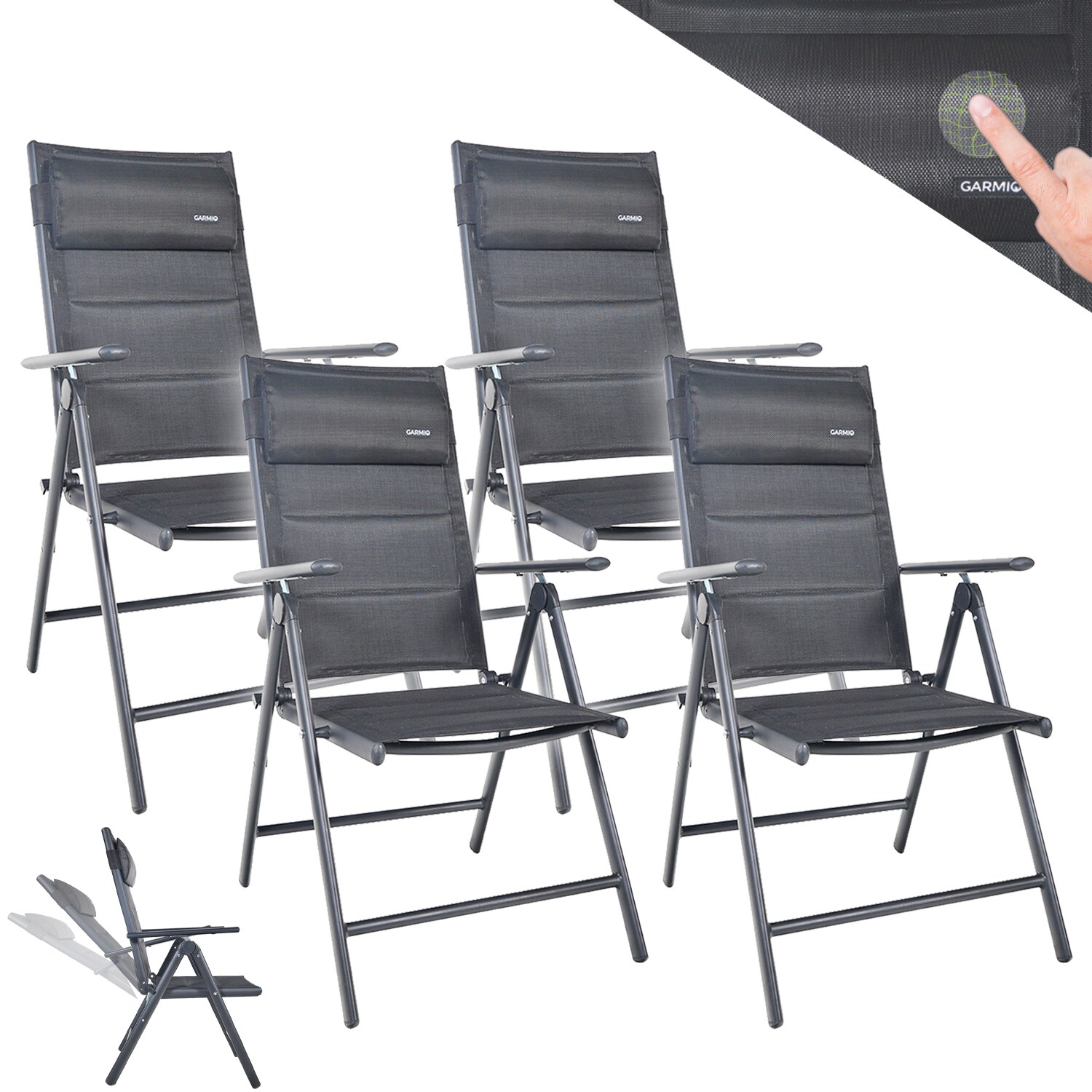 GARMIO® Gartenstuhl Balkonstuhl FLORENZ anthrazit, 4er SET, 7-fach verstellbar, klappbar, inkl. Nackenkissen, für Terrasse