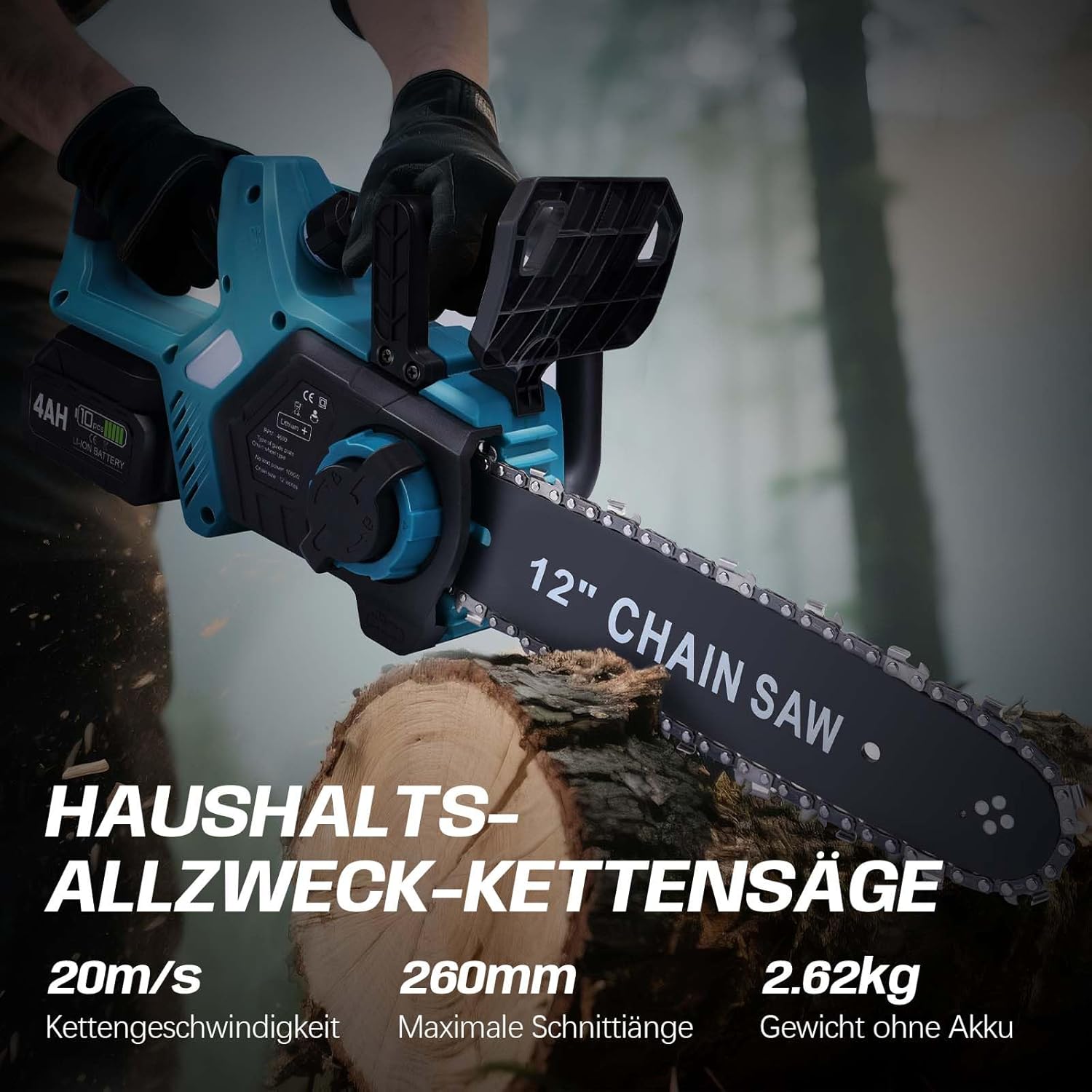 Akku Kettensäge 12 Zoll, 2x4000mAh Elektro Kettensäge | 1000W Bürstenloser Motor | Kompatibel mit Makita 18V Akku | Automatische Kettenschmierung | Werkzeuglose Kettenspannung | 30cm Schwertlänge