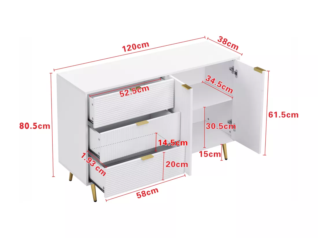 Buffet moderne - 2 portes et 3 tiroirs - Blanc