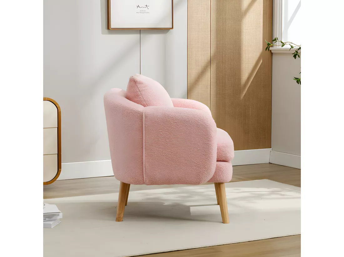 Fauteuil Canapé Fauteuil avec coussin à pieds en bois massif moderne et sobre en Teddy Tissu Rose