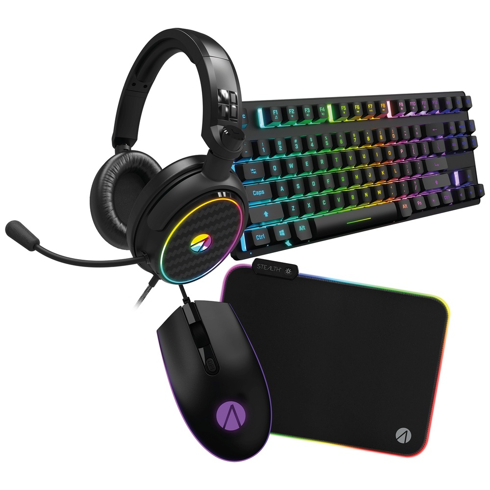 Stealth 4-in-1 Gaming-Bundle mit Beleuchtung – Tastatur, Maus, Mauspad, C6-100 LED-Gaming-Headset