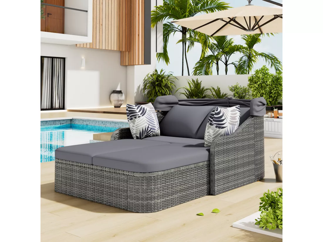 Salon de jardin en résine tressée 2 places, Lit de jardin avec auvent réglable, chaise longue de patio, 6 coussins inclus, gris