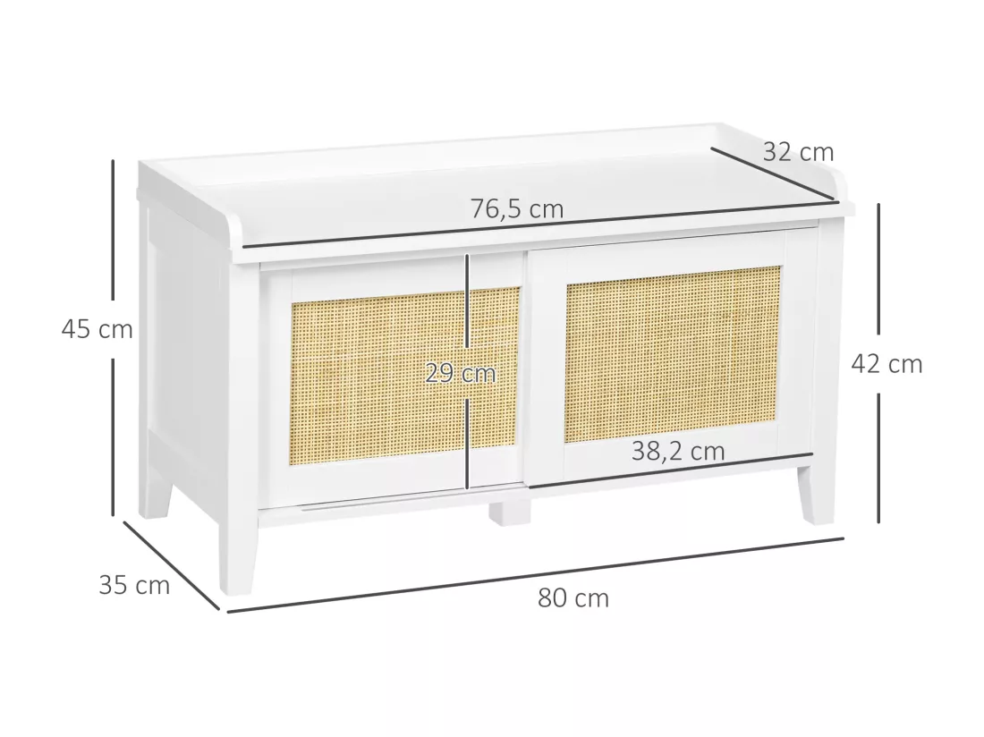 Meuble chaussures banc à chaussures 2 en 1 style bohème chic 2 portes coulissantes - MDF blanc cannage rotin