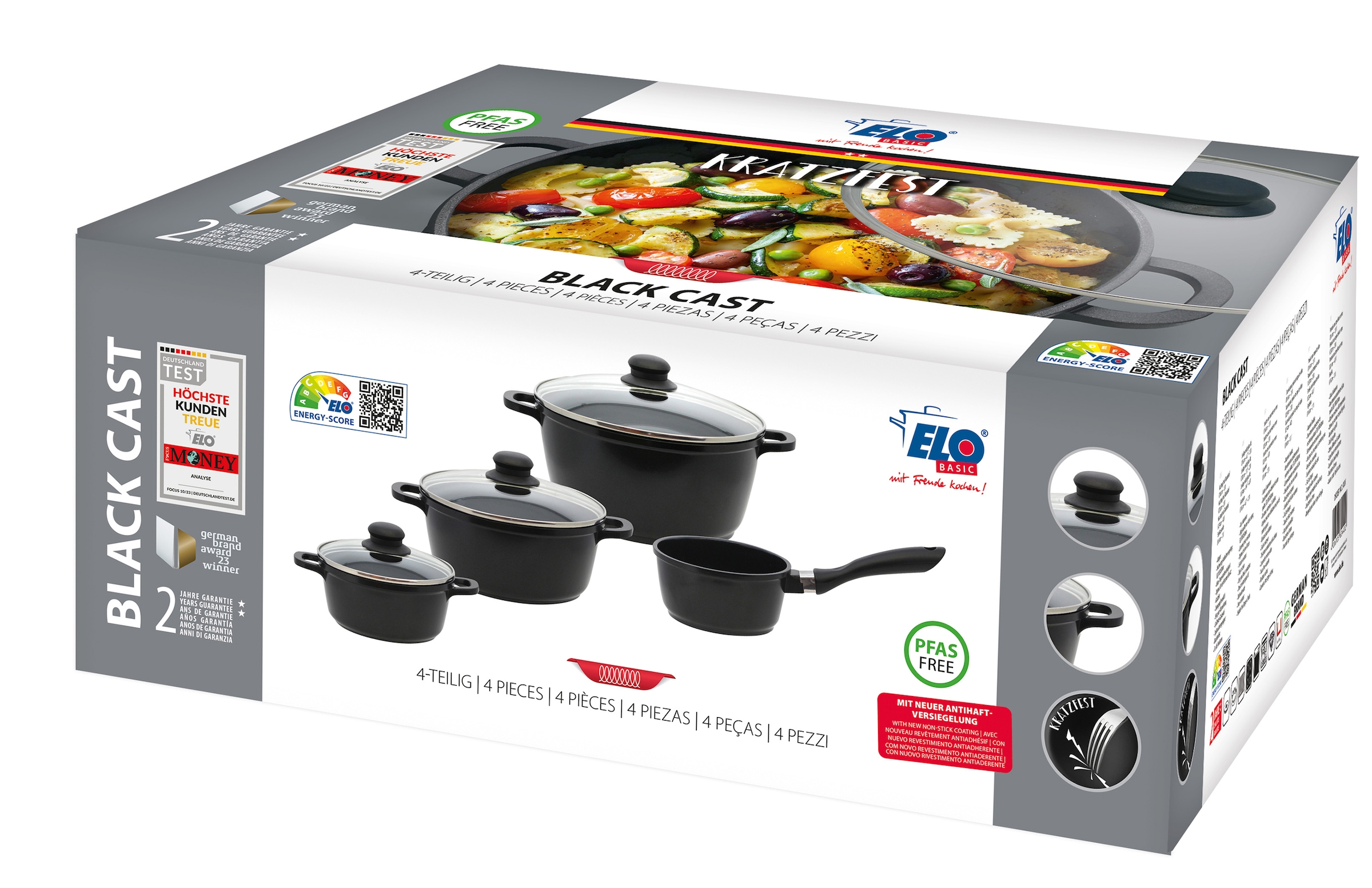 Elo Basic Topf-Set »Black Cast« Set, 3 Töpfe mit Deckel, 1 Stielkasserolle, 7 Stk. tlg. Aluminiumguss