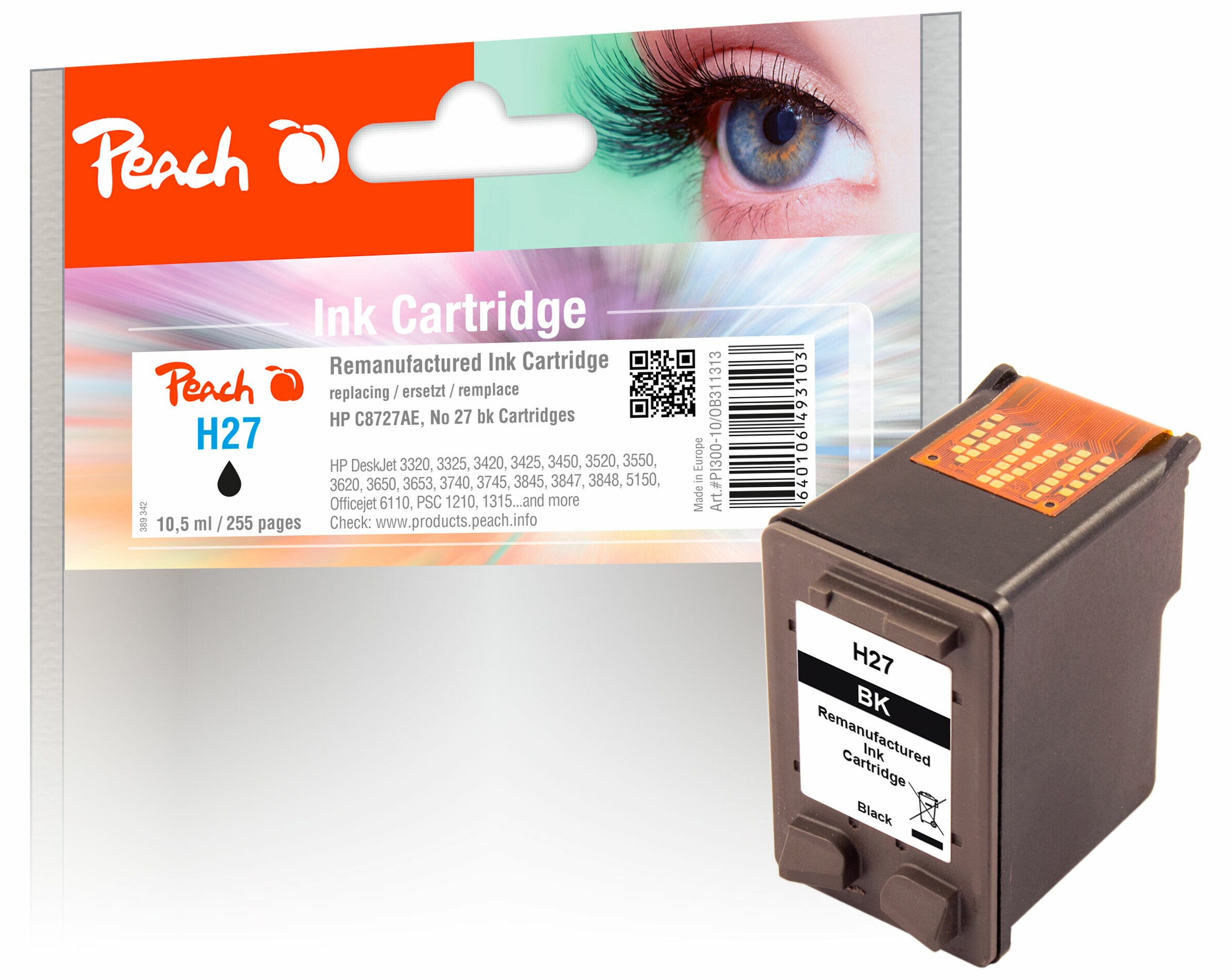 Peach HP 27Druckkopf bk ersetzt HP No. 27, C8727AE für z.B. HP DeskJet 5652, HP DeskJet 3300, HP DeskJet 3320, HP DeskJet 3320 V, HP DeskJet 3322 (wiederaufbereitet)
