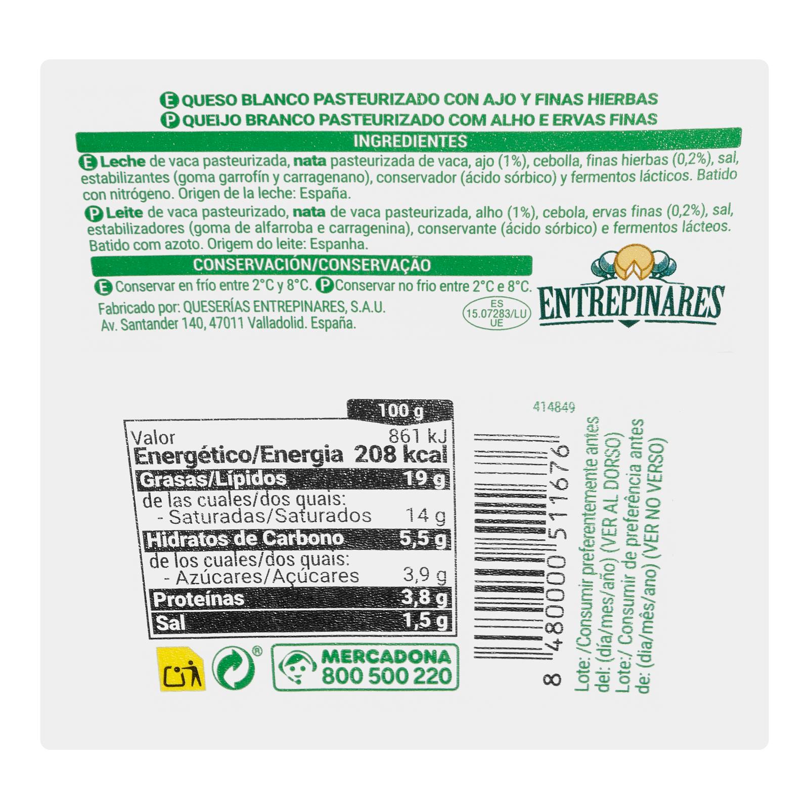 Mousse de fromage de vache à l'ail et aux fines herbes Hacendado