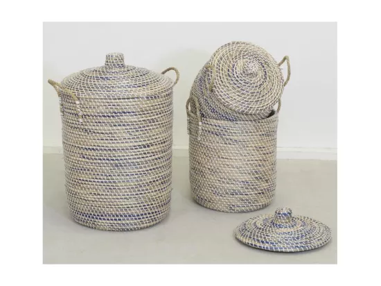 Coffres à linge en jonc naturel et teinté bleu (Série de 3)