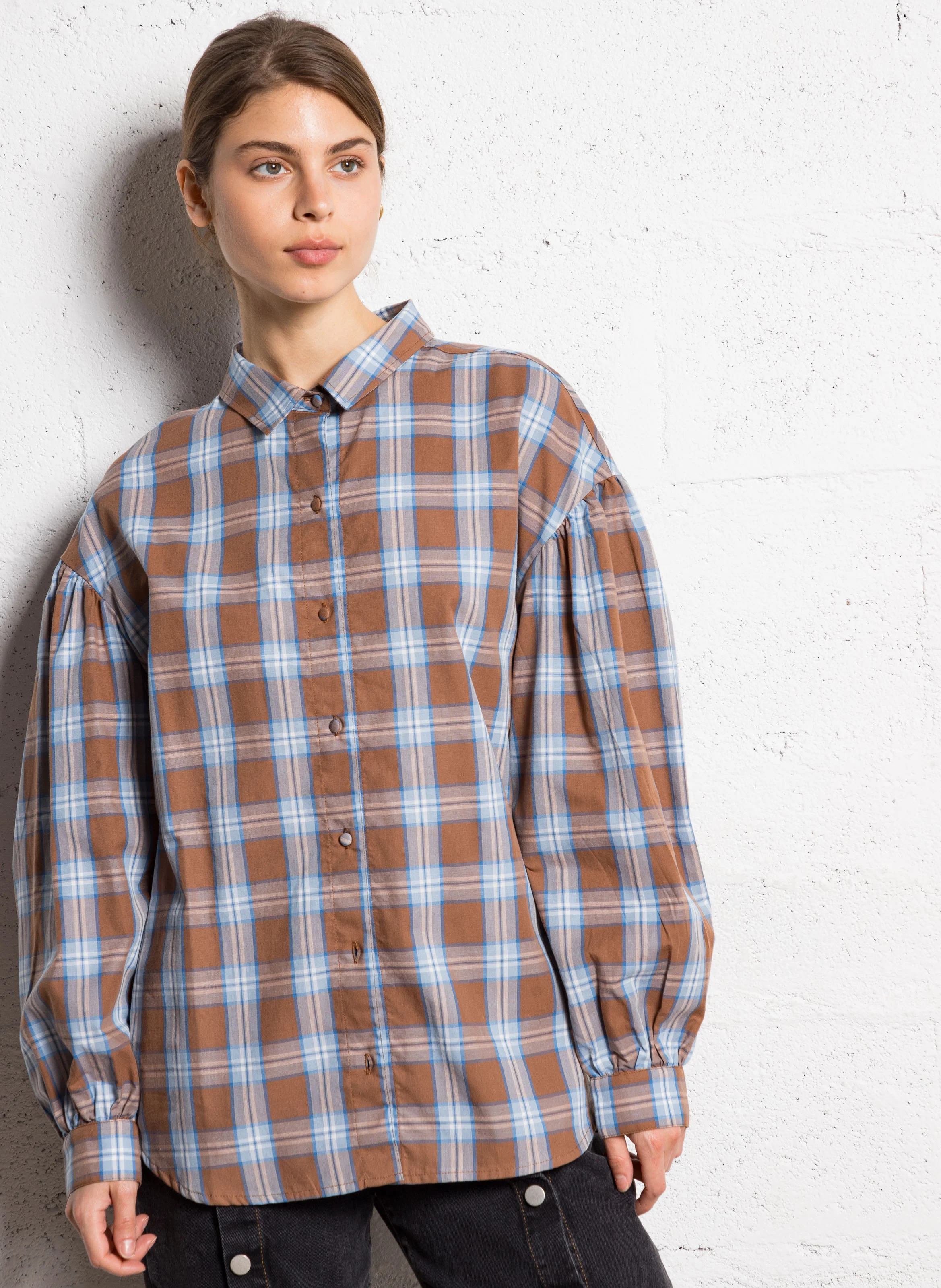 Chemise droite à carreaux| Marron