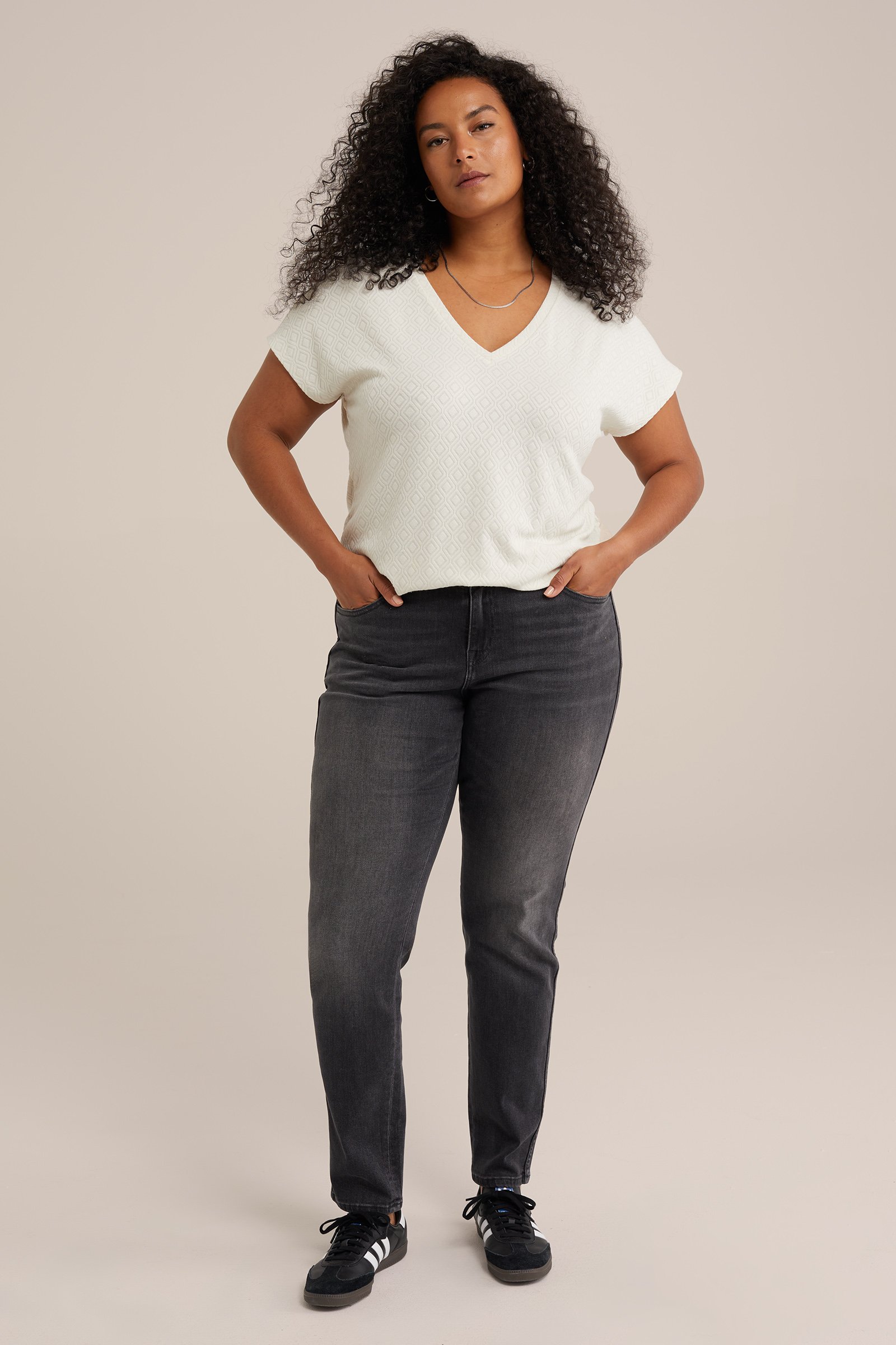 T-shirt met structuur - Curve WE Fashion Gebroken wit