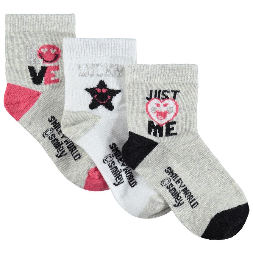 Lot de 3 paires de chaussettes assorties avec motif Smiley en jacquard - Gris chiné