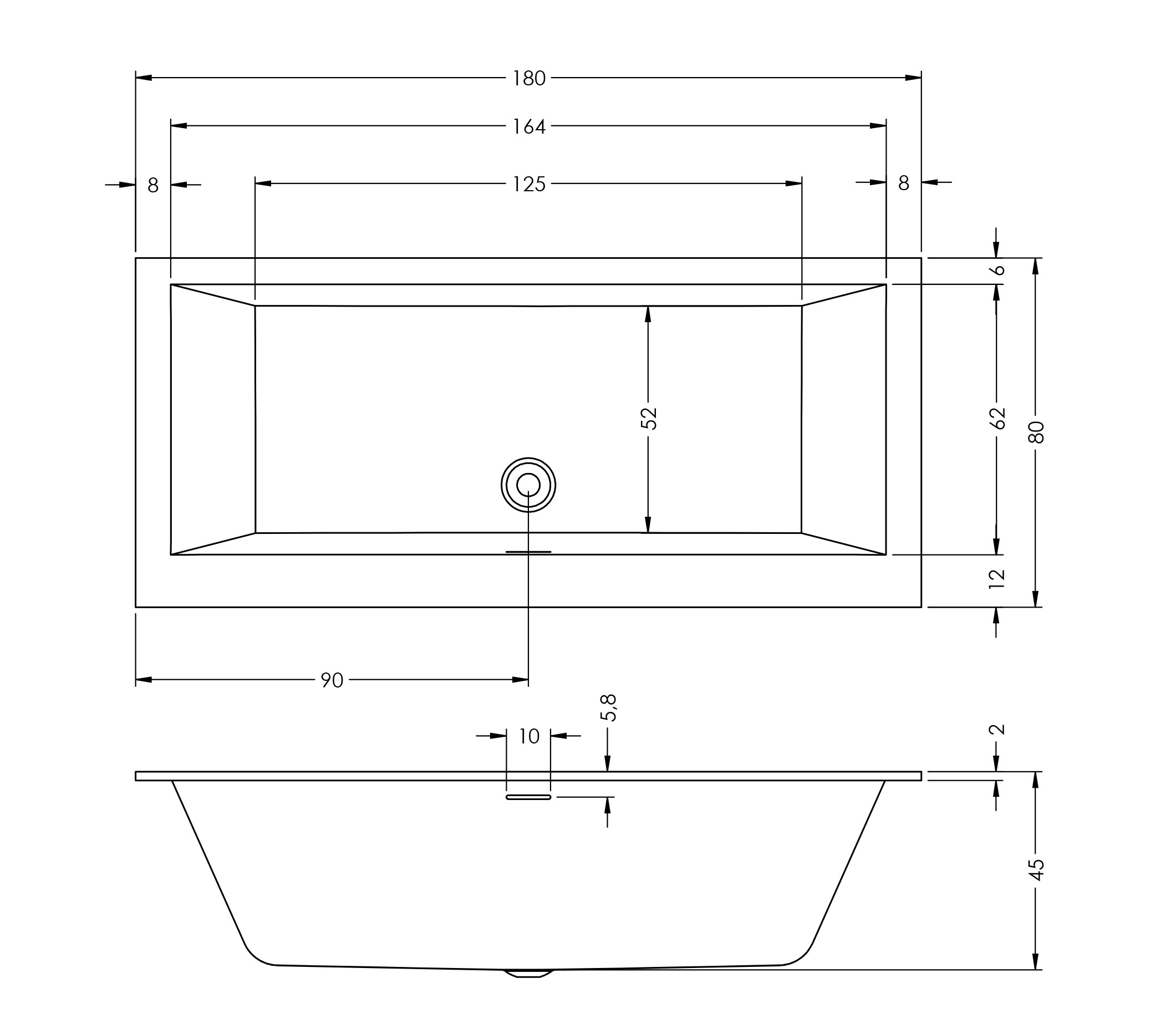 Riho Rethink Cubic half vrijstaand bad 180x80cm midden wit glans met Fall overloop