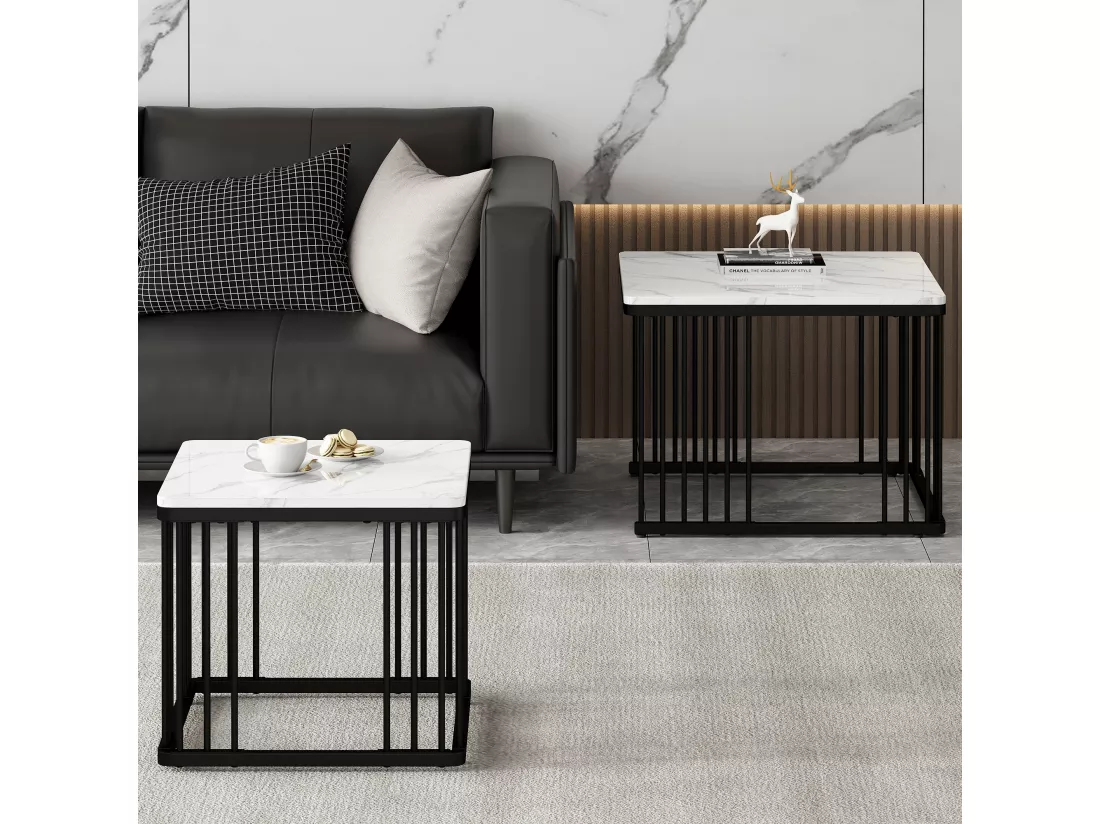 Lot de 2 tables basses gigognes en forme carrée - 60x60x45cm +45x45x40cm - Motif à marbre - Bois MDF et métal - Blanc + noir