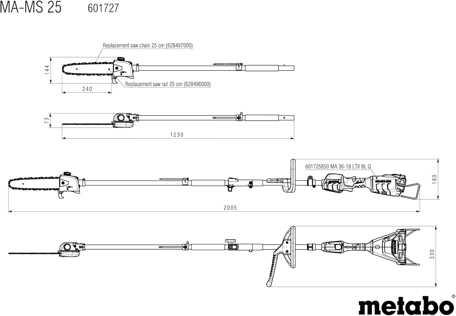 metabo Hochentaster-Aufsatz MA-MS 25-18 V, 25 cm Schienenlänge, 18 m/s - Präzise Schnitte, automatische Kettenschmierung, werkzeugloser Wechsel, geringe Vibrationen - Für MA 36-18 LTX BL Q