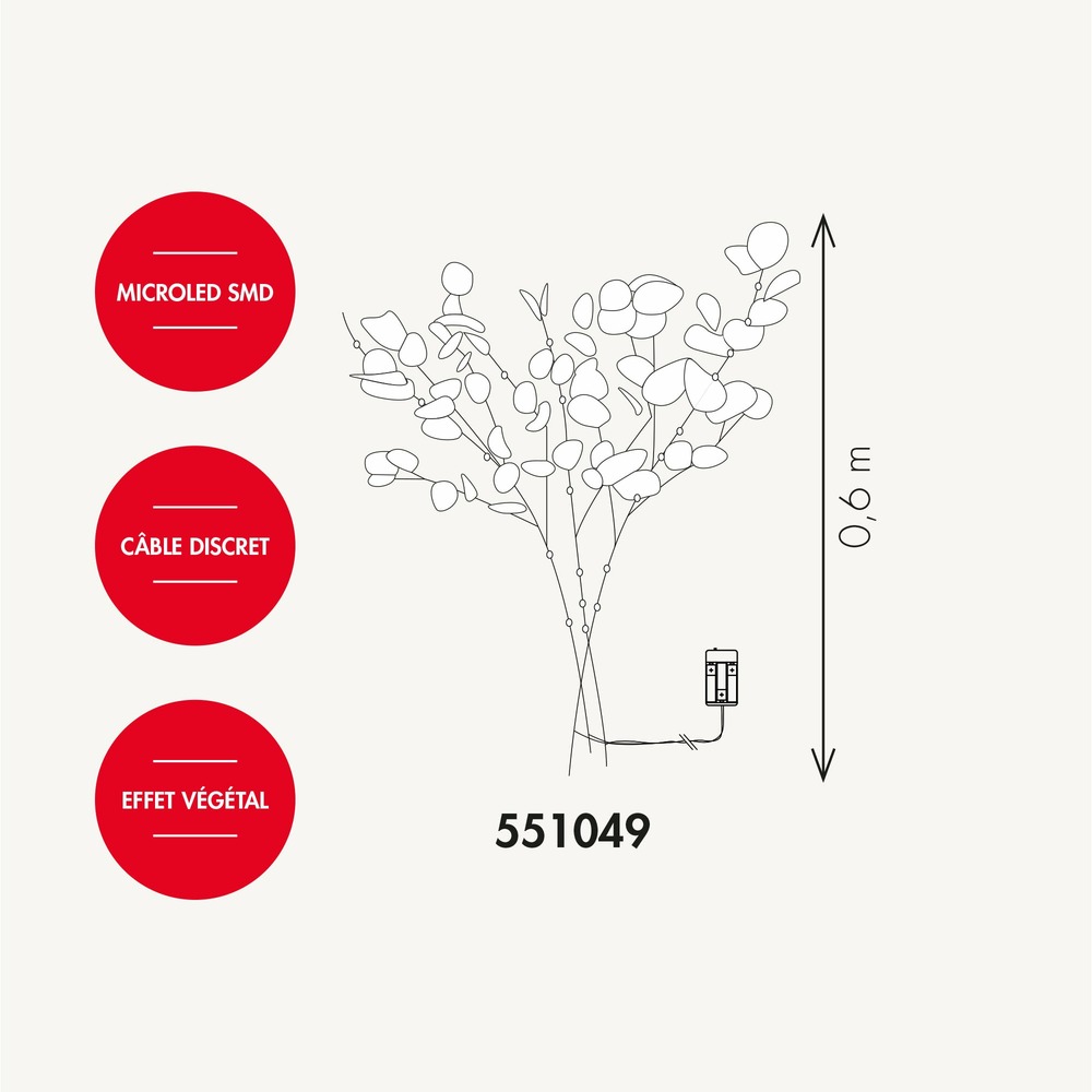 Branches lumineuses d'eucalyptus à piles 60 microled blanc chaud - 60cm - int/ext - chromex