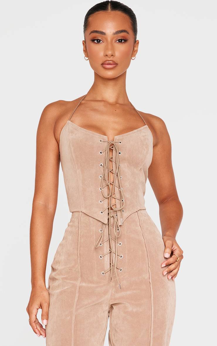 Taupe Top Corset Petite En Synthétique À Lacets