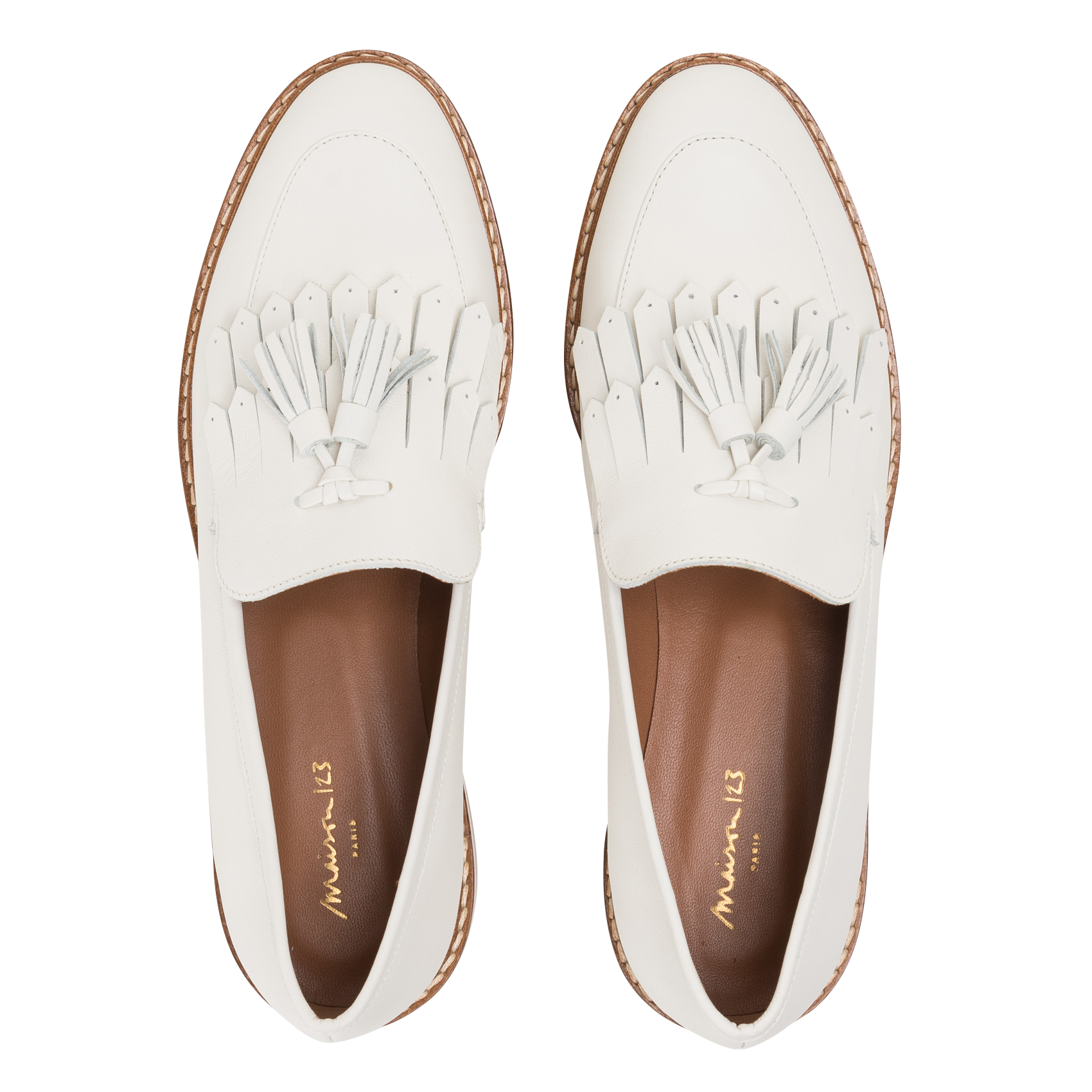 REMY - Mocassins bout rond avec franges et pompons en cuir | Blanc