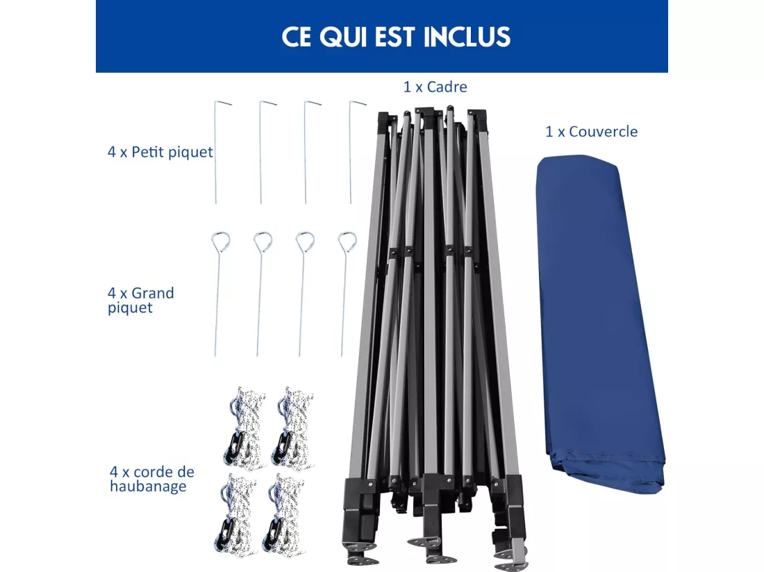 Tonnelle de Jardin Escamotable Pliable 3x3M, Tente de Fête Imperméable Protection Solaire 3 Hauteurs 305/320/335 cm avec Sac de Rangement à roulettes, pour Marché Patio (Bleu)