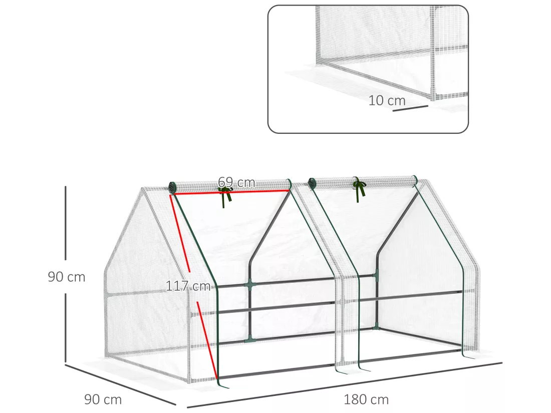 Mini serre de jardin serre à tomates 180L x 90l x 90H cm acier PE haute densité 140 g/m² anti-UV 2 fenêtres avec zip enroulables blanc