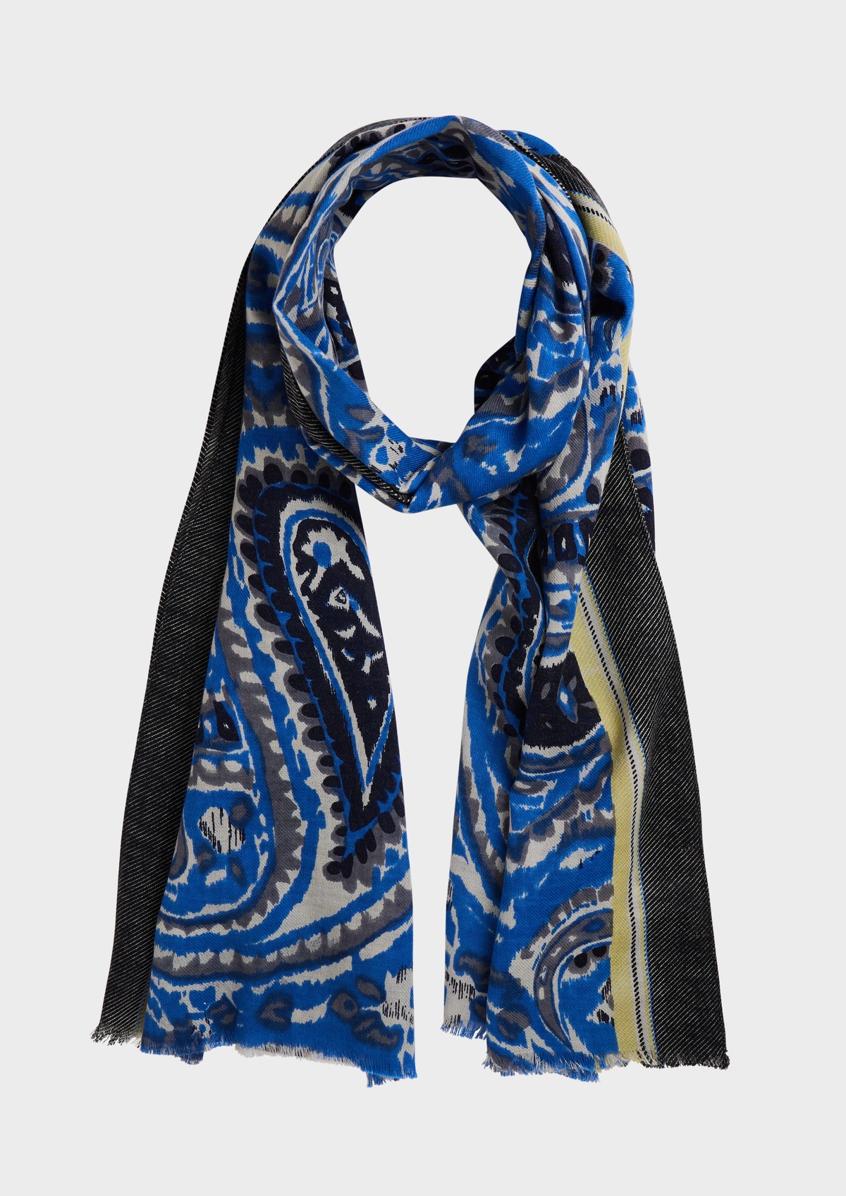 Echarpe en coton blanc à motif fantaisie bleu glacier et noir
