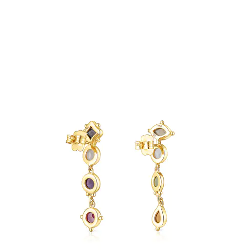 Brincos longos Magic Nature com banho de ouro 18k sobre prata e pedras preciosas.