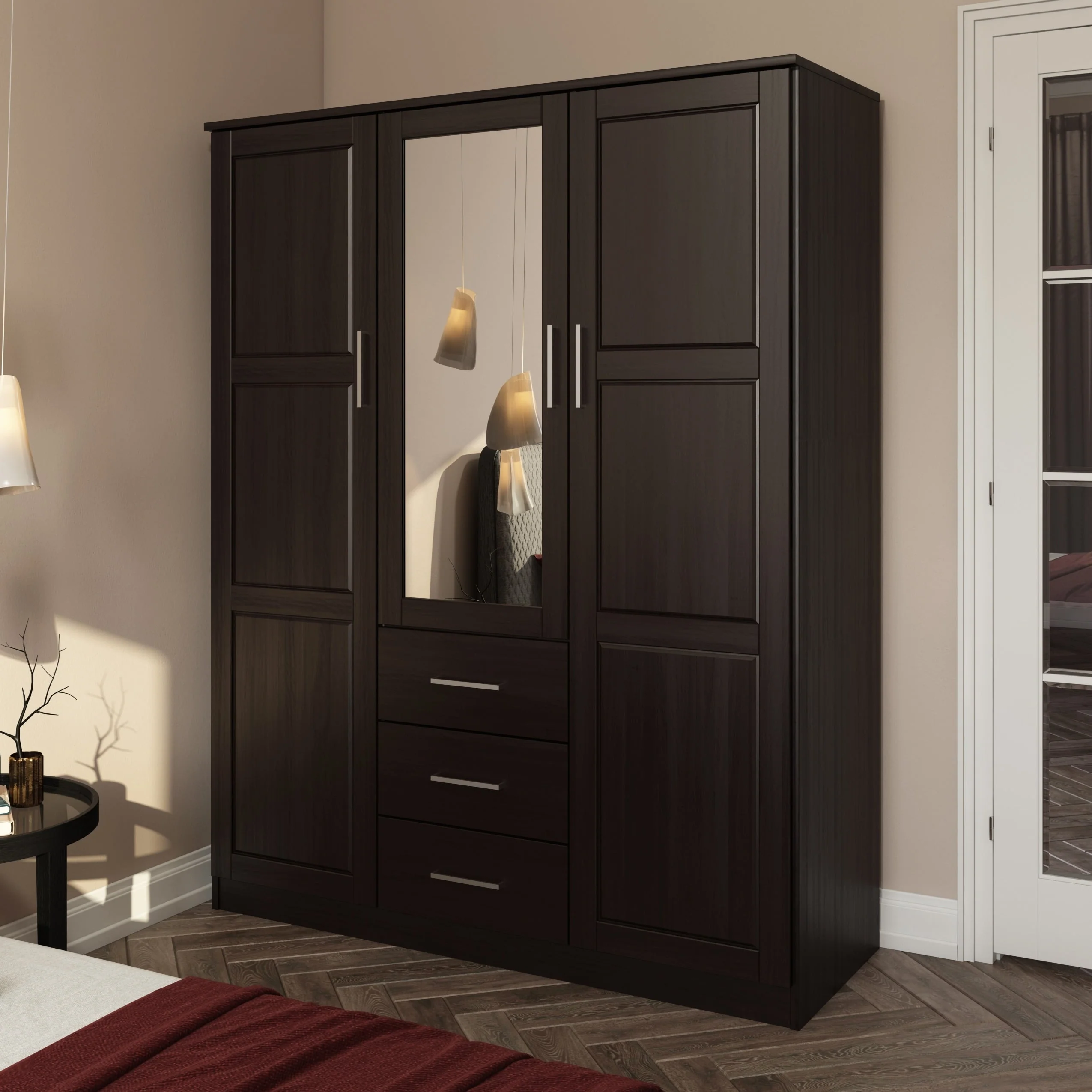 Palace Imports 100% Solid Wood Cosmo 3-Door Wardrobe Armoire with Solid Wood or Mirrored Doors