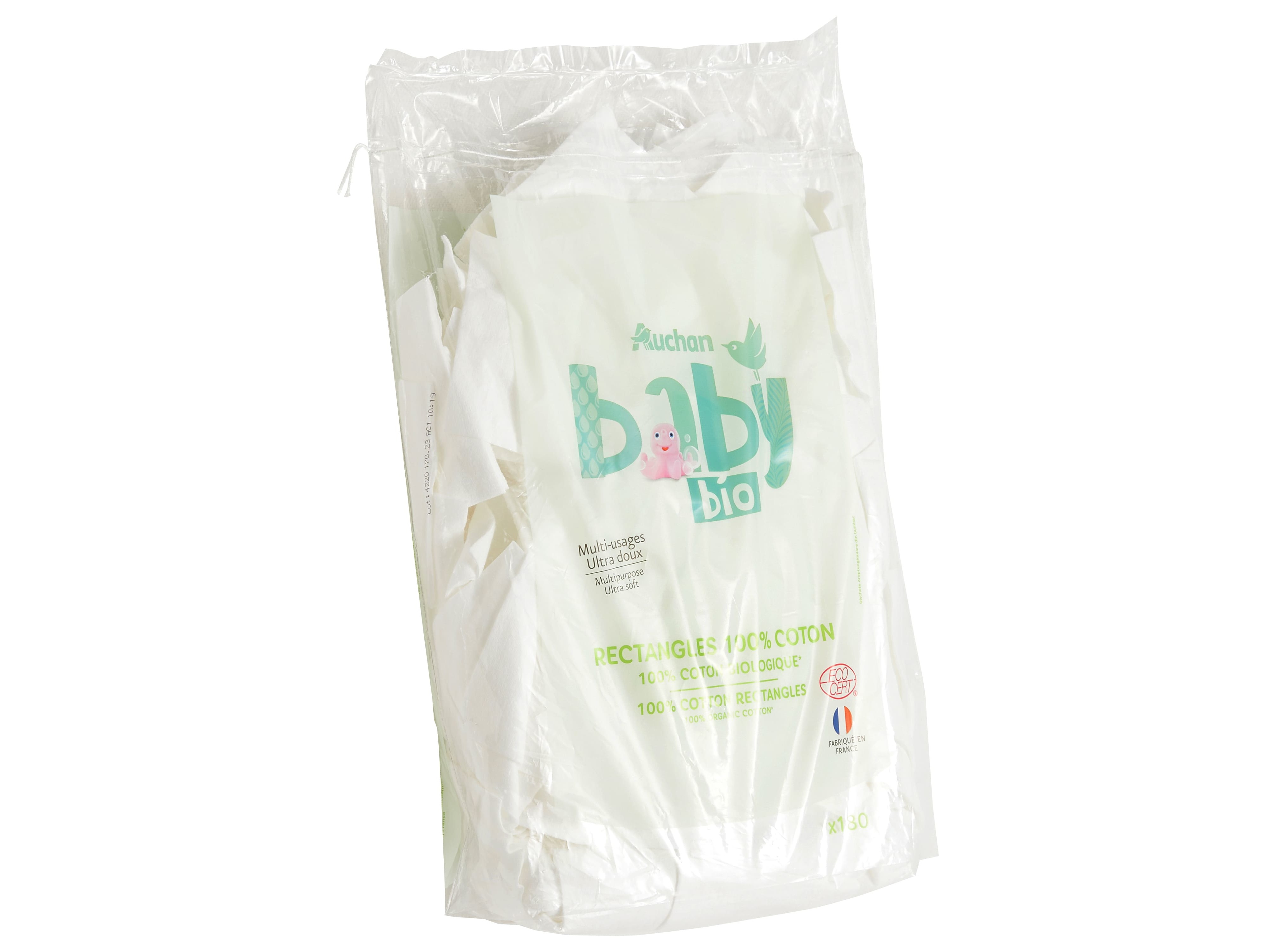 RETÂNGULOS AUCHAN BABY BIO 100% ALGODÃO 180UN