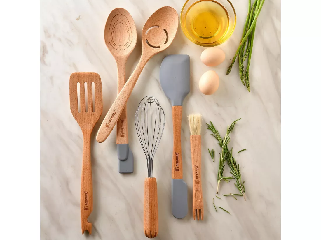 Lot de 3 ustensiles de cuisine multifonctions GENIUS 2 en 1 en bois et silicone Bergner.