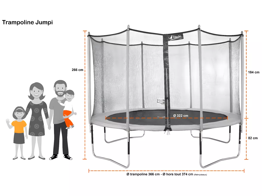 Kangui - Trampoline de jardin 365 cm + filet + échelle + bâche + kit d'ancrage JUMPI Taupe/Vert